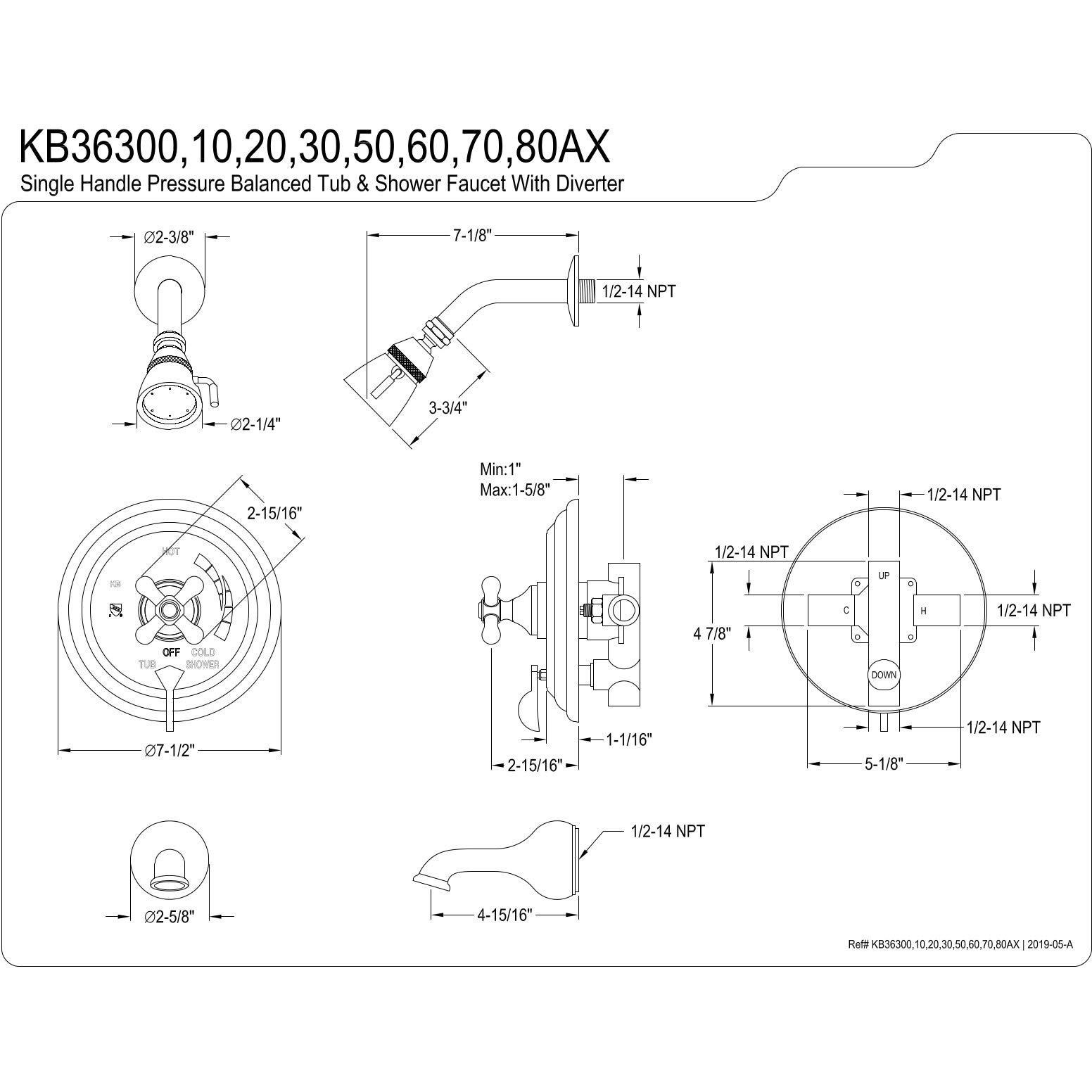 Kingston Brass Kb36350Ax Restoration Tub And Shower Faucet With Metal Cross Handle, Oil Rubbed Bronze
