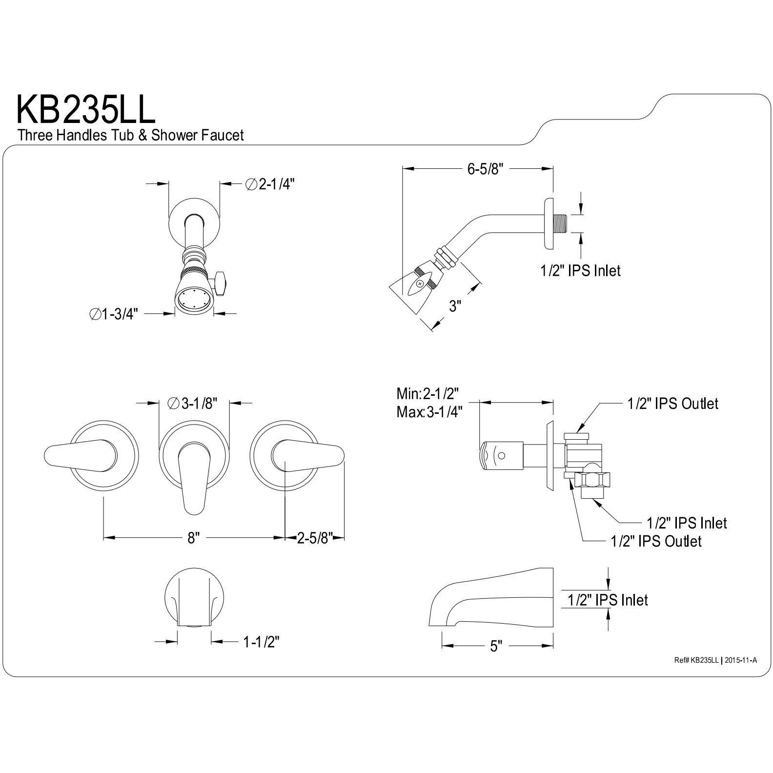Kingston Brass Kb235Ll Tub And Shower Faucet With 3-Legacy Lever Handle, Oil Rubbed Bronze