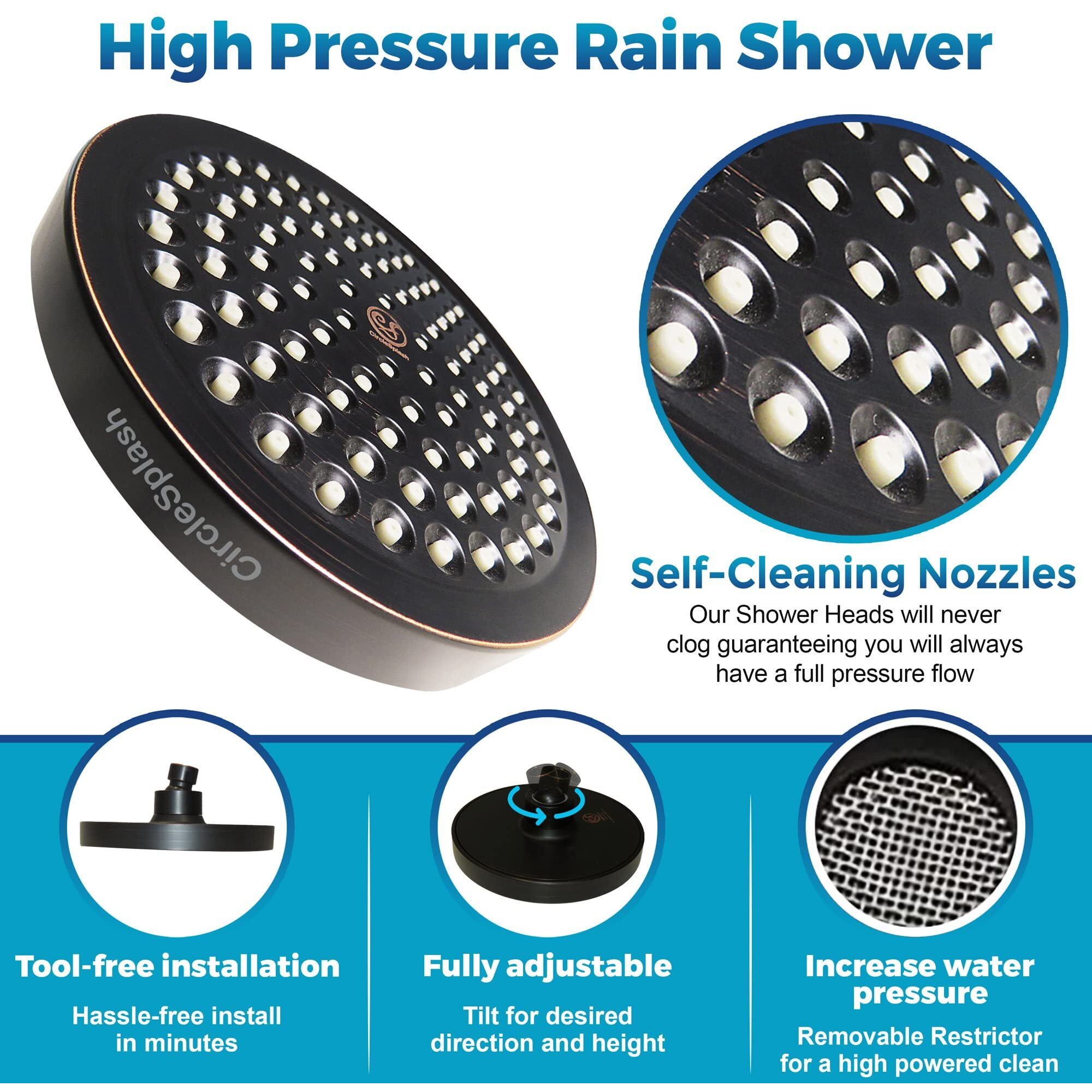 High Pressure Shower Head - Anti-Clogging Silicone Nozzles - 2.5 Gpm Removable Restrictor - Easy Clean Adjustable Replacement - Easy To Install With Plumbers Tape - 6 Inch - Oil Rubbed Bronze Finish