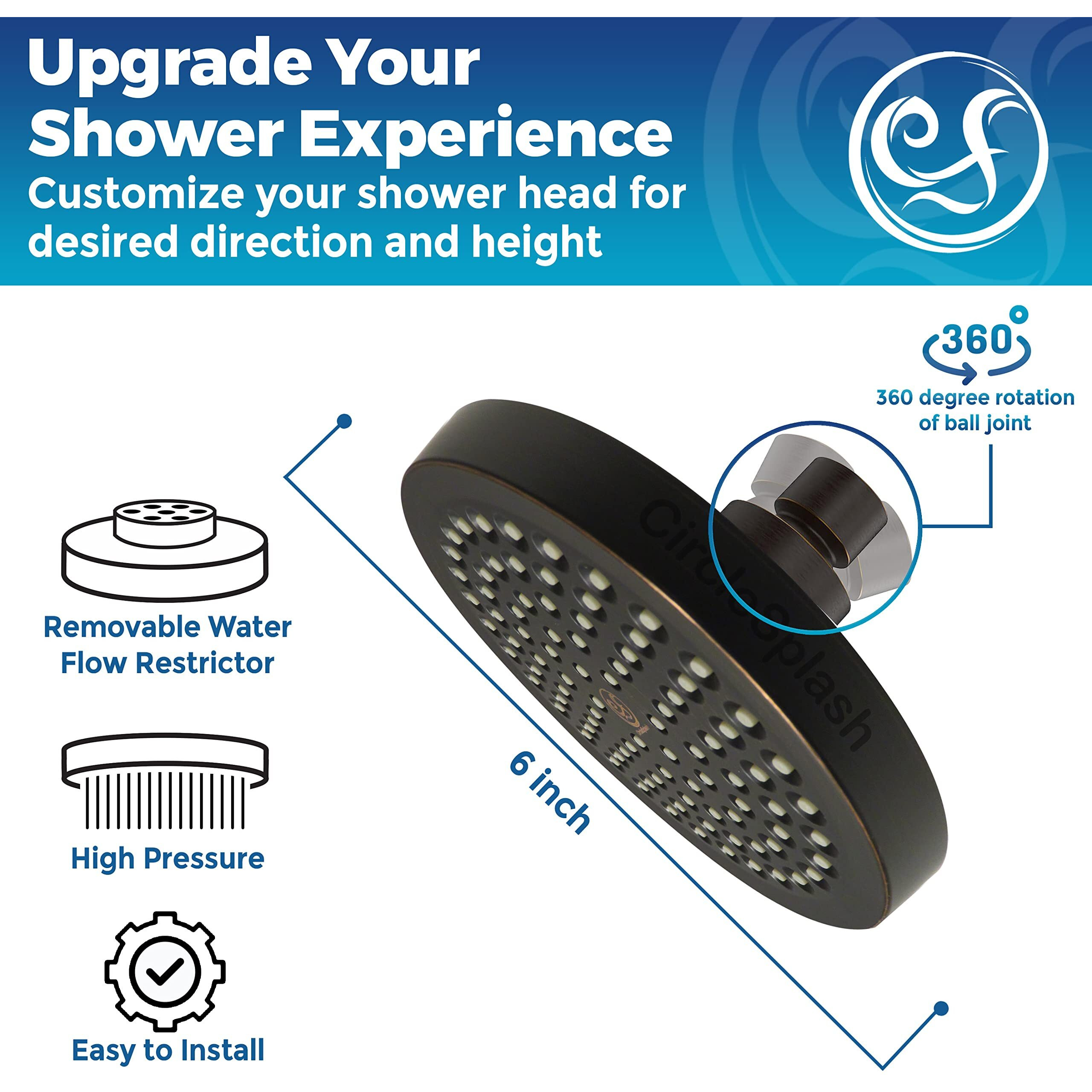 High Pressure Shower Head - Anti-Clogging Silicone Nozzles - 2.5 Gpm Removable Restrictor - Easy Clean Adjustable Replacement - Easy To Install With Plumbers Tape - 6 Inch - Oil Rubbed Bronze Finish