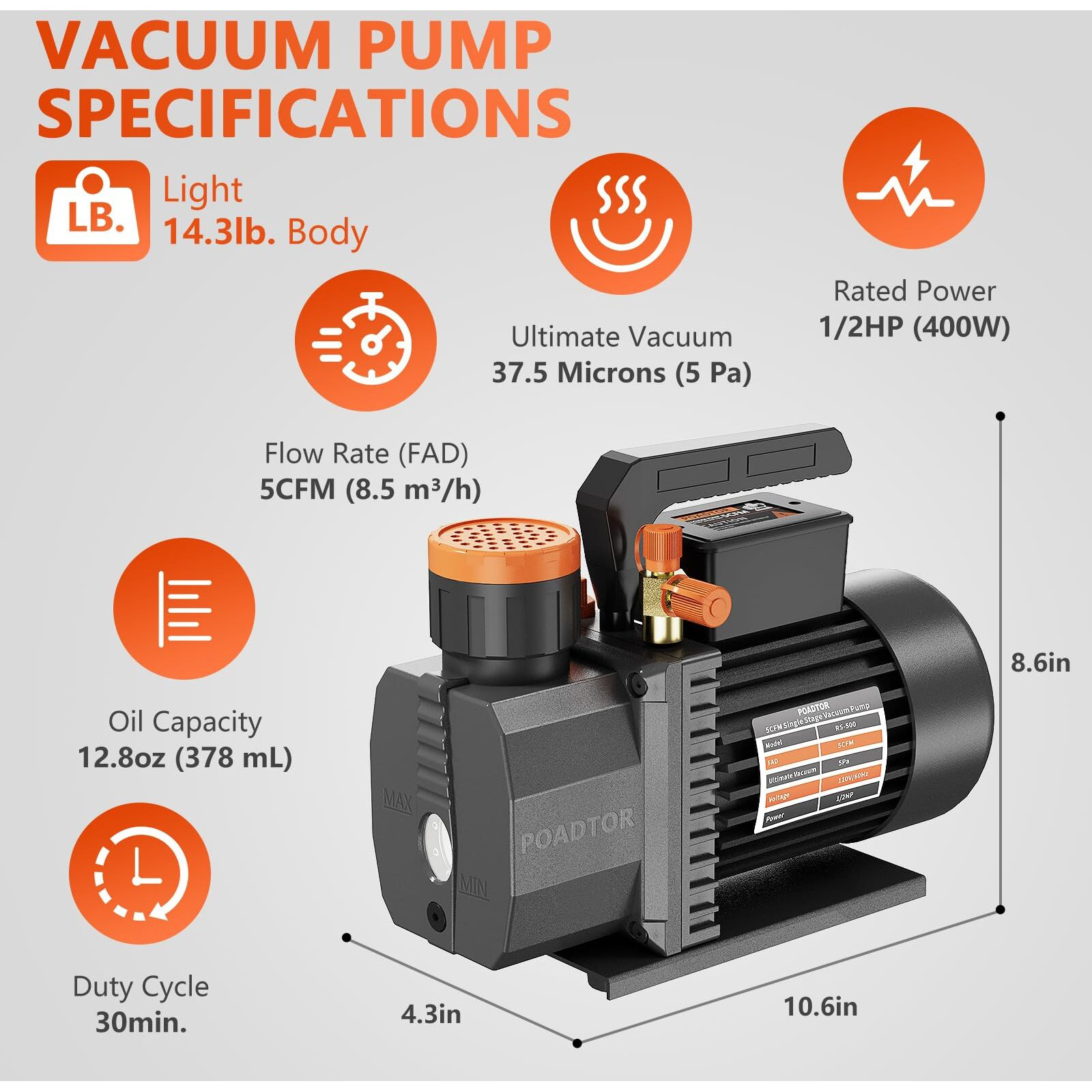 Poadtor 5Cfm Vacuum Pump, 1-Stage Hvac Vacuum Pump, 1/2Hp 38 Micron 110V Air Conditioning Vacuum Pump Kit For R12 R22 R134A R410A, Hvac/Auto Ac Refrigerant Recharging, Milking Cow, Oil Included