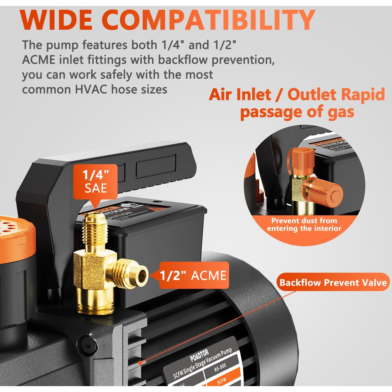 Poadtor 5Cfm Vacuum Pump, 1-Stage Hvac Vacuum Pump, 1/2Hp 38 Micron 110V Air Conditioning Vacuum Pump Kit For R12 R22 R134A R410A, Hvac/Auto Ac Refrigerant Recharging, Milking Cow, Oil Included