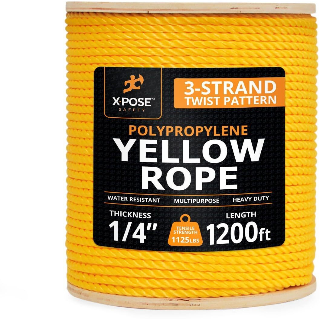 Yellow Twisted Polypropylene Rope, 1/4"" Thickness X 1200' Length Heavy Duty Poly Ropes For Outdoor And Marine Use, Yellow Rope For Visibility & Safety