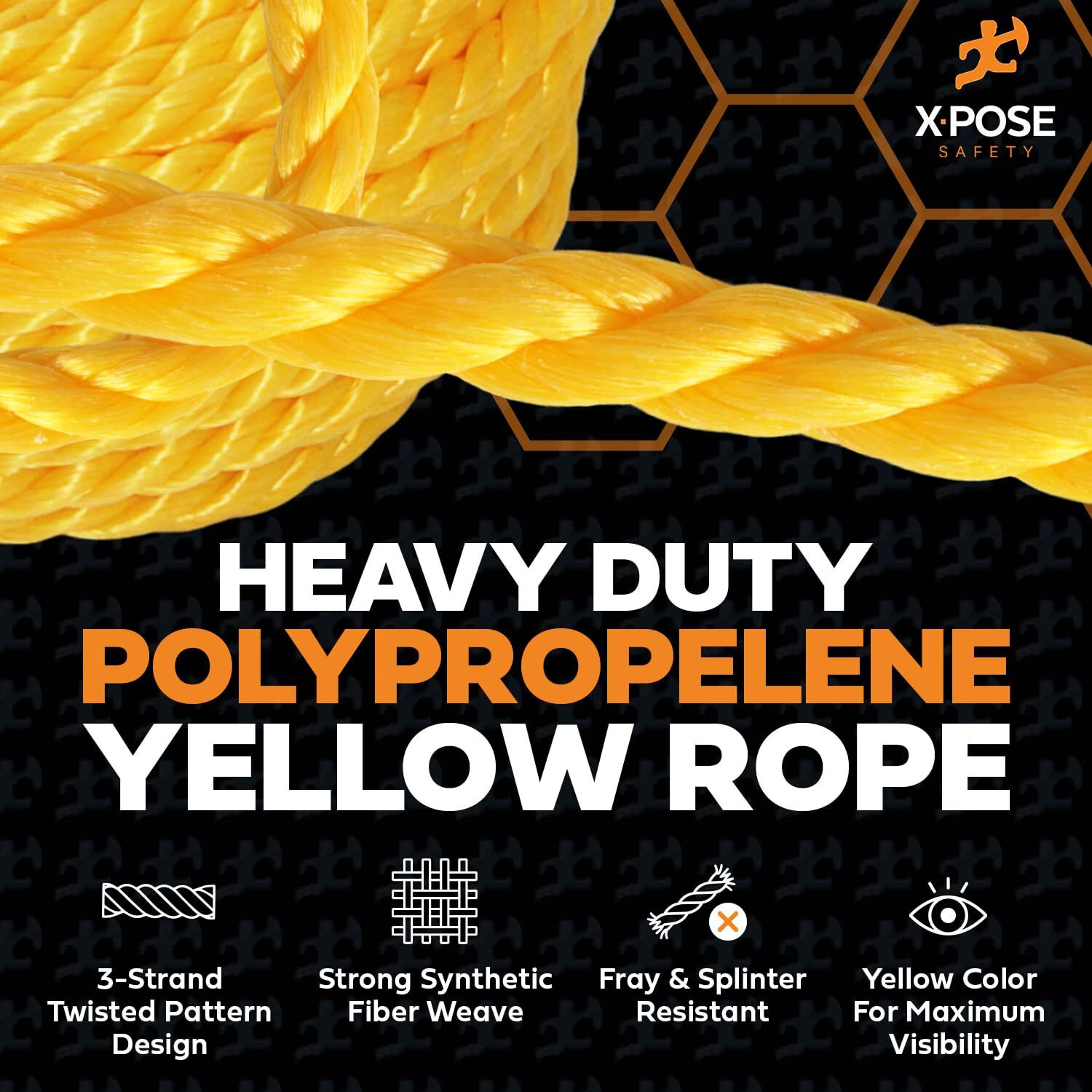 Yellow Twisted Polypropylene Rope, 1/4"" Thickness X 1200' Length Heavy Duty Poly Ropes For Outdoor And Marine Use, Yellow Rope For Visibility & Safety
