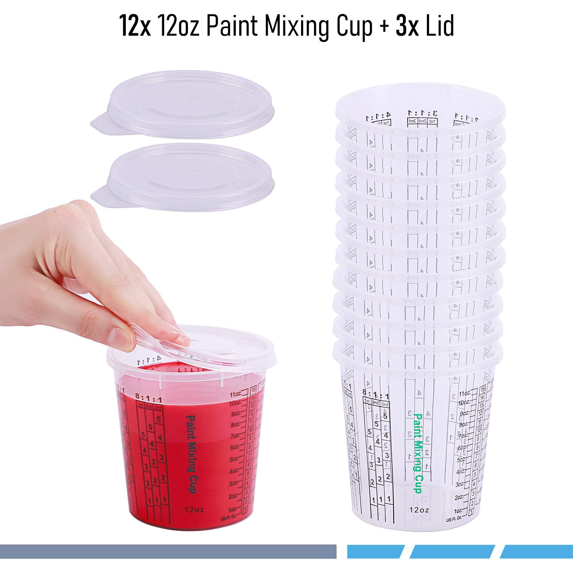 Canopus 12-Oz Paint Mixing Cups, Pack Of 12 Cups With 3 Lids, Reusable And Solvent-Resistant Clear Plastic Containers For Paint, Epoxy, Resin, Oil, And Thinner