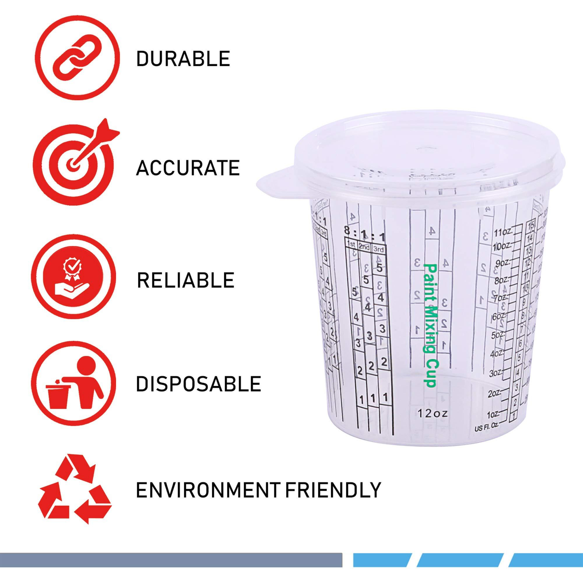 Canopus 12-Oz Paint Mixing Cups, Pack Of 12 Cups With 3 Lids, Reusable And Solvent-Resistant Clear Plastic Containers For Paint, Epoxy, Resin, Oil, And Thinner