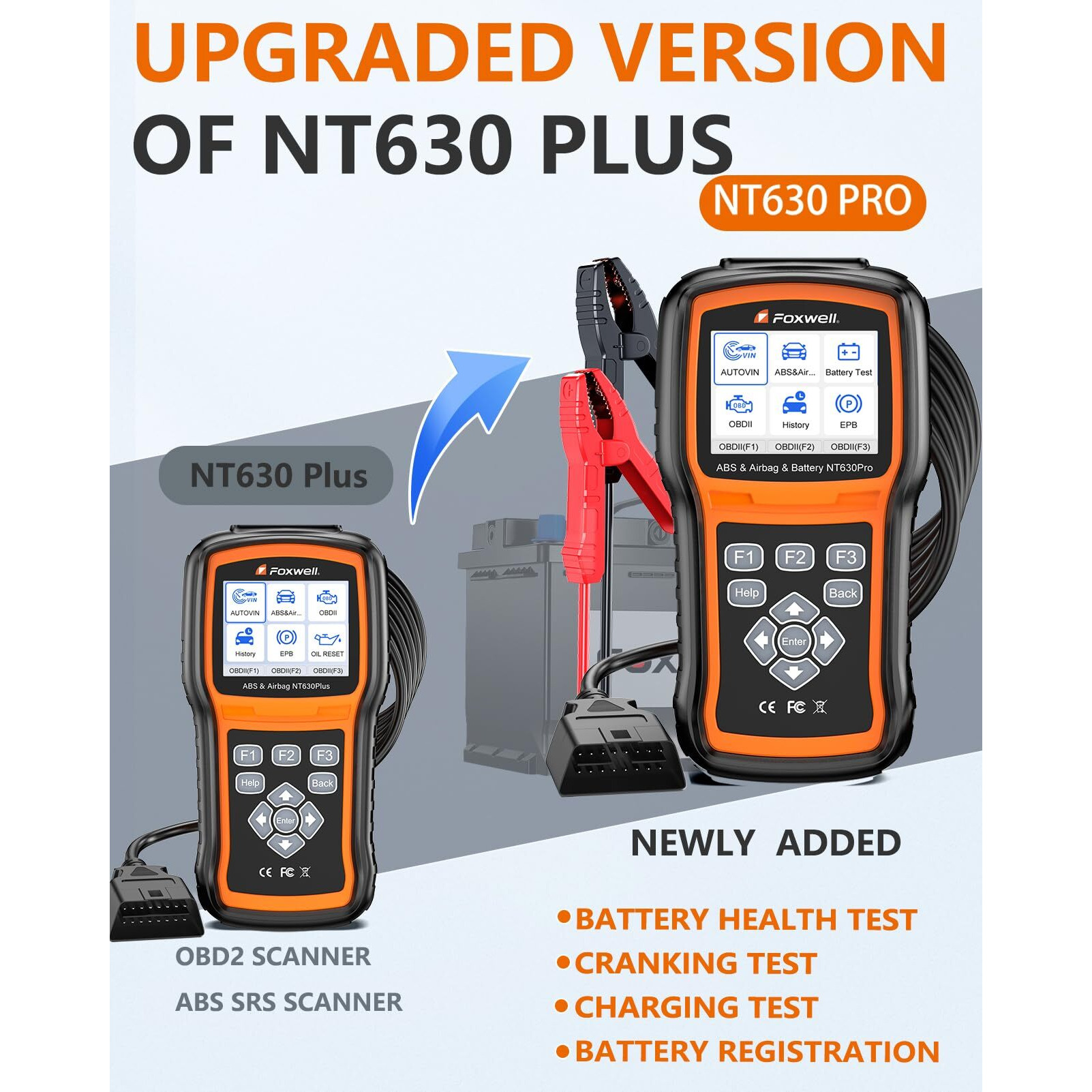 Upgraded Nt630 Plus, Foxwell Nt630 Pro 2-In-1 Abs Srs Obd2 Scanner & Battery Tester, Car Scan Tool With 12V Battery Load Analyzer, 100-1100Cca, Abs Bleed, Bms/Oil/Sas/Epb Reset, Live Data, Active Test
