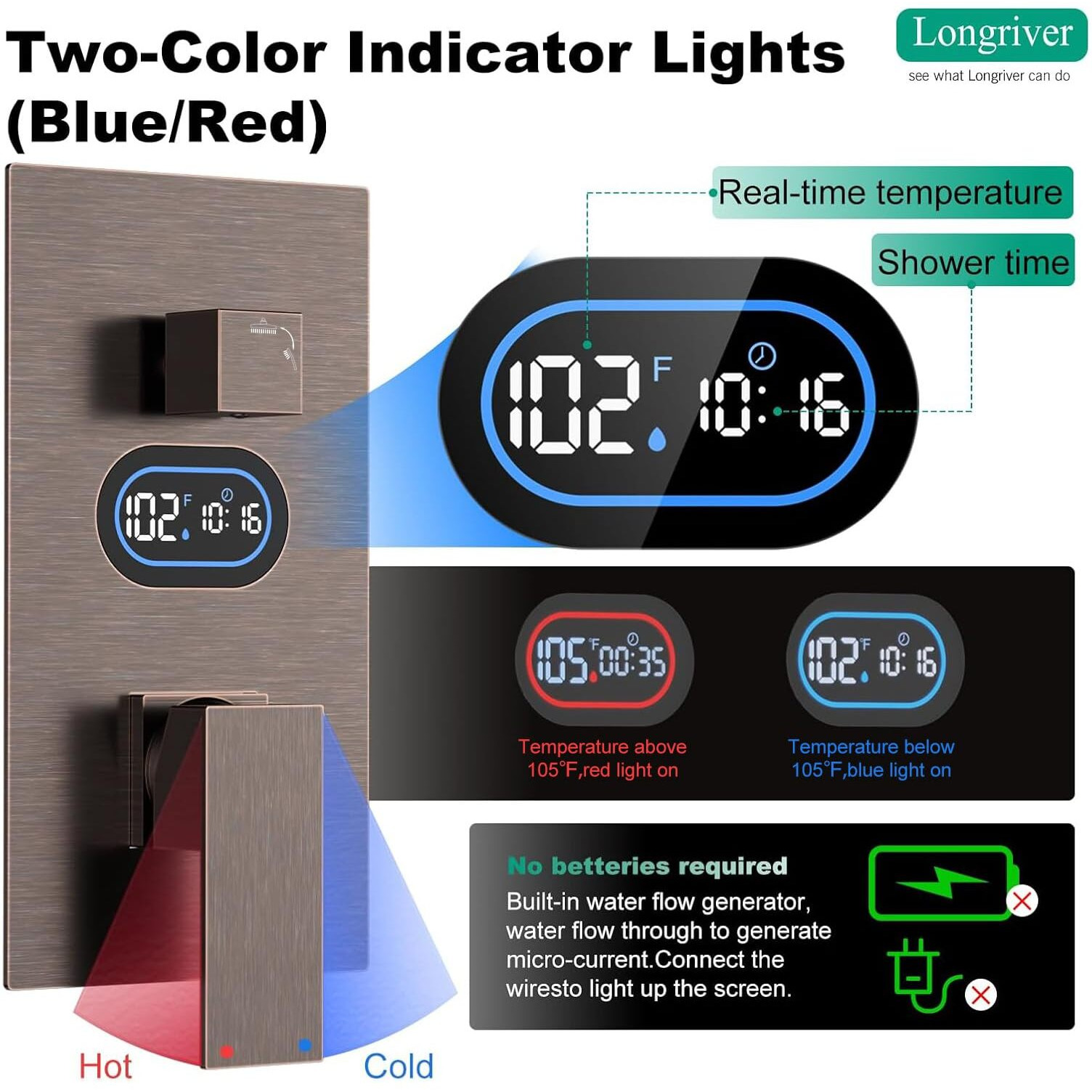 Longriver Shower Faucet Set With Hydro Power Temperature Display, Shower 12 Inch Shower Head With Handheld Spray, Wall Mounted Shower Fixtures With Shower Valve And Trim Kit, Oil Rubbed Bronze