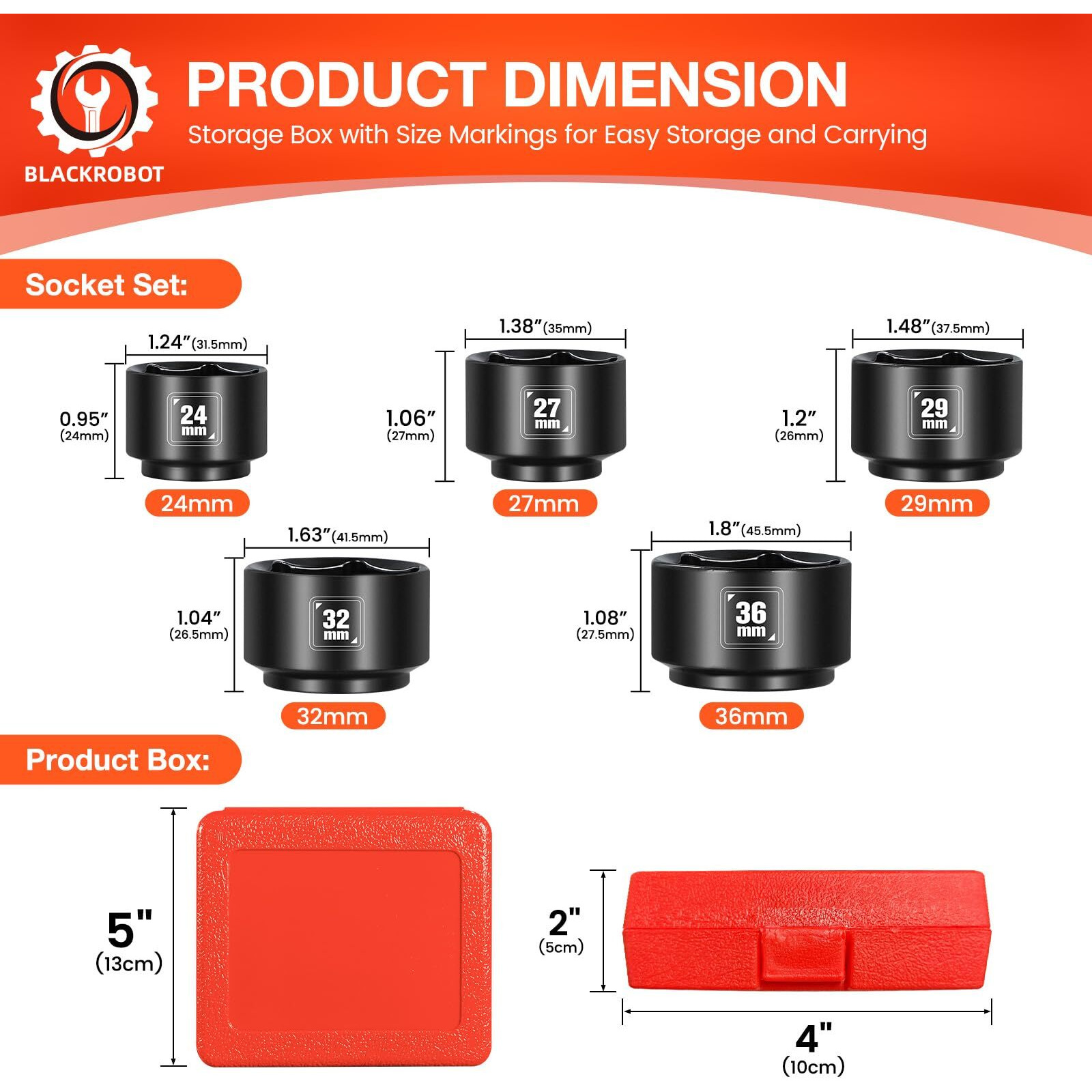 Blackrobot 5 Pieces 3/8    Drive Low Profile Oil Filter Socket Set, Metric Size 24Mm, 27Mm, 29Mm, 32Mm, 36Mm, Chrome Vanadium Steel, 6 Point Design, Oil Filter Cap Remover And Installer Tool Set