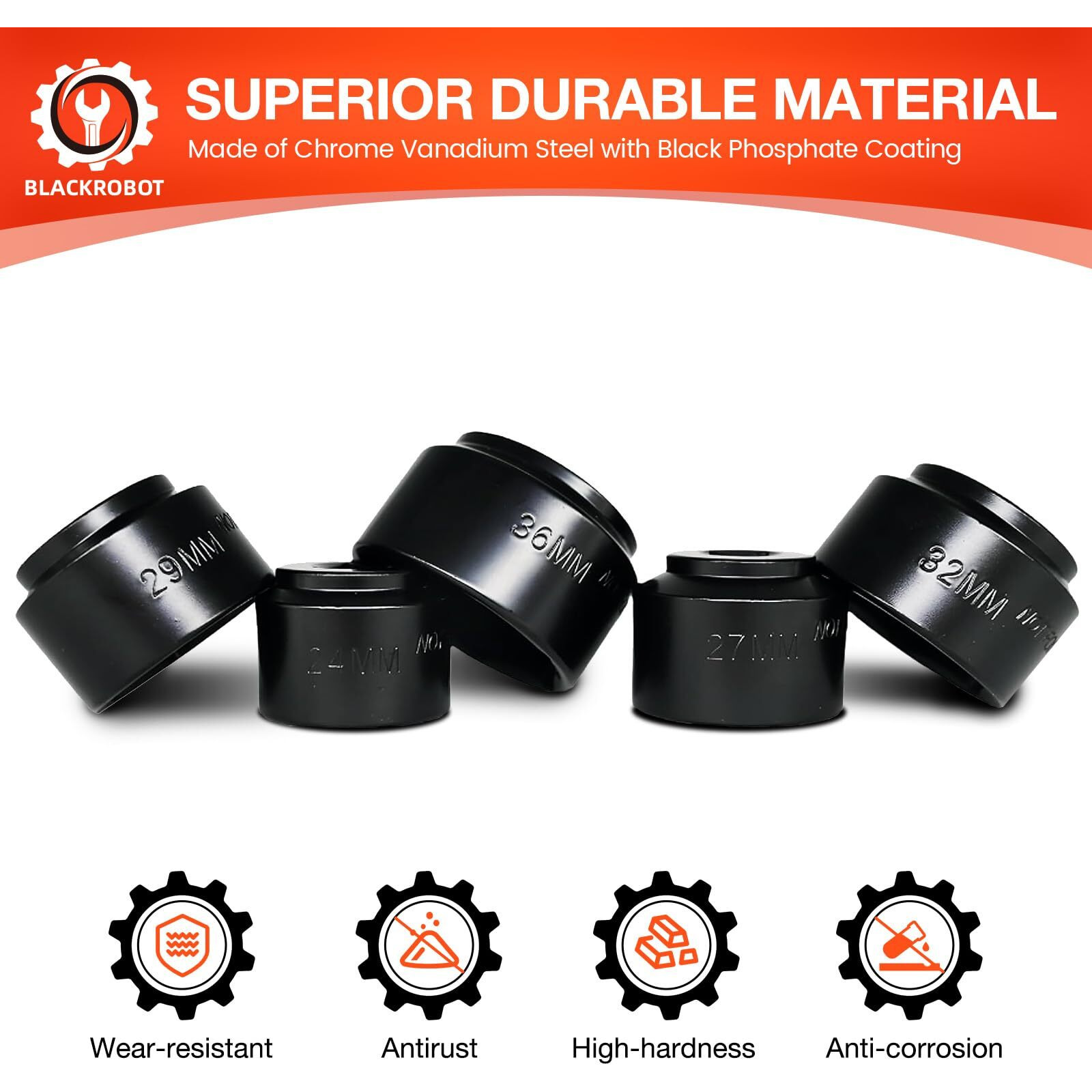 Blackrobot 5 Pieces 3/8    Drive Low Profile Oil Filter Socket Set, Metric Size 24Mm, 27Mm, 29Mm, 32Mm, 36Mm, Chrome Vanadium Steel, 6 Point Design, Oil Filter Cap Remover And Installer Tool Set