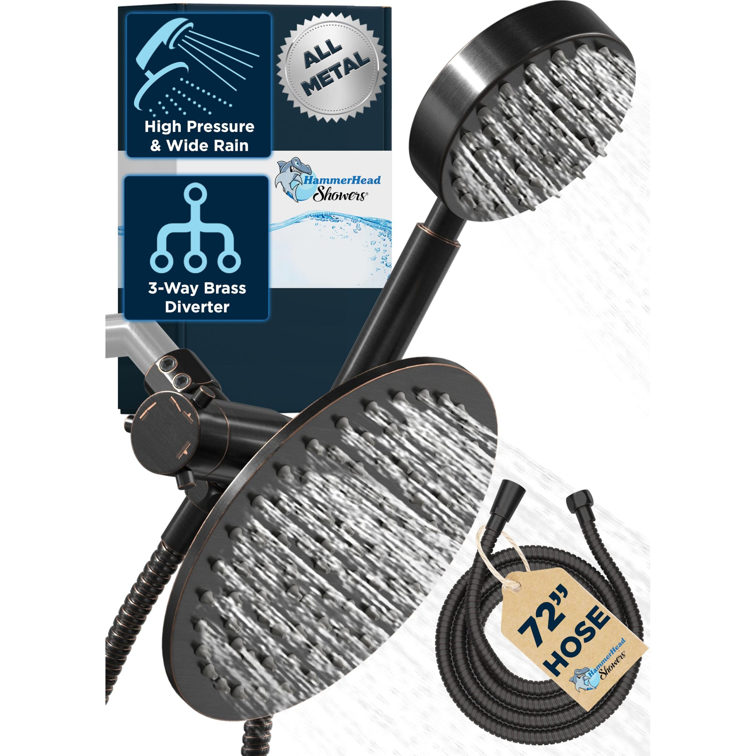 Hammerhead Showers All Metal Dual Shower Head Combo - Oil Rubbed Bronze - 8 Inch Rainfall High Flow Shower Head & Handheld Shower Head High Pressure With Hose 6Ft - Hotel-Like Double Shower Heads