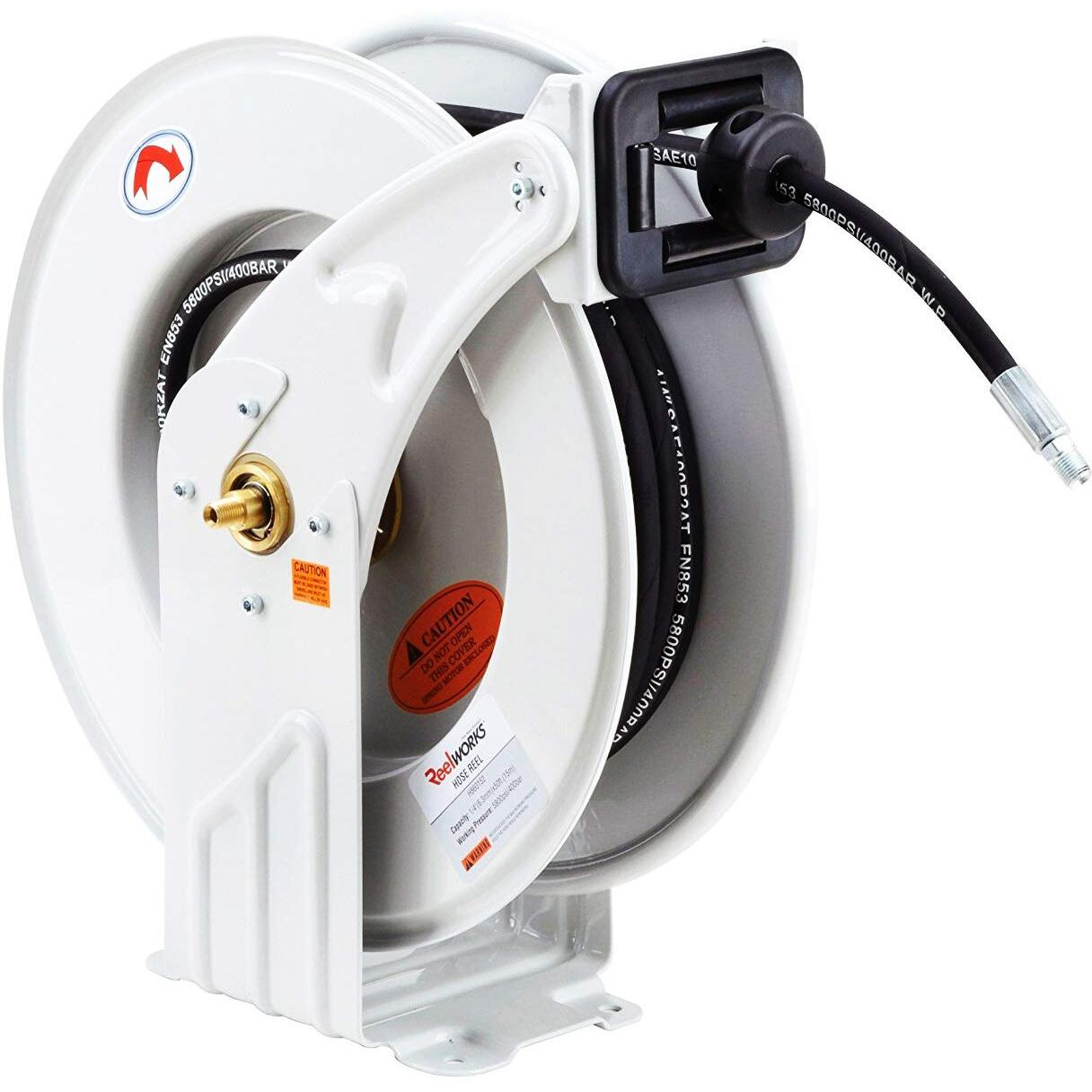 Reelworks Oil Hose Reel Retractable 1/2"" Inch X 50' Foot Long Premium Commercial Sae100R1At Hose Max 2320 Psi Industrial Dual Arm Steel Construction