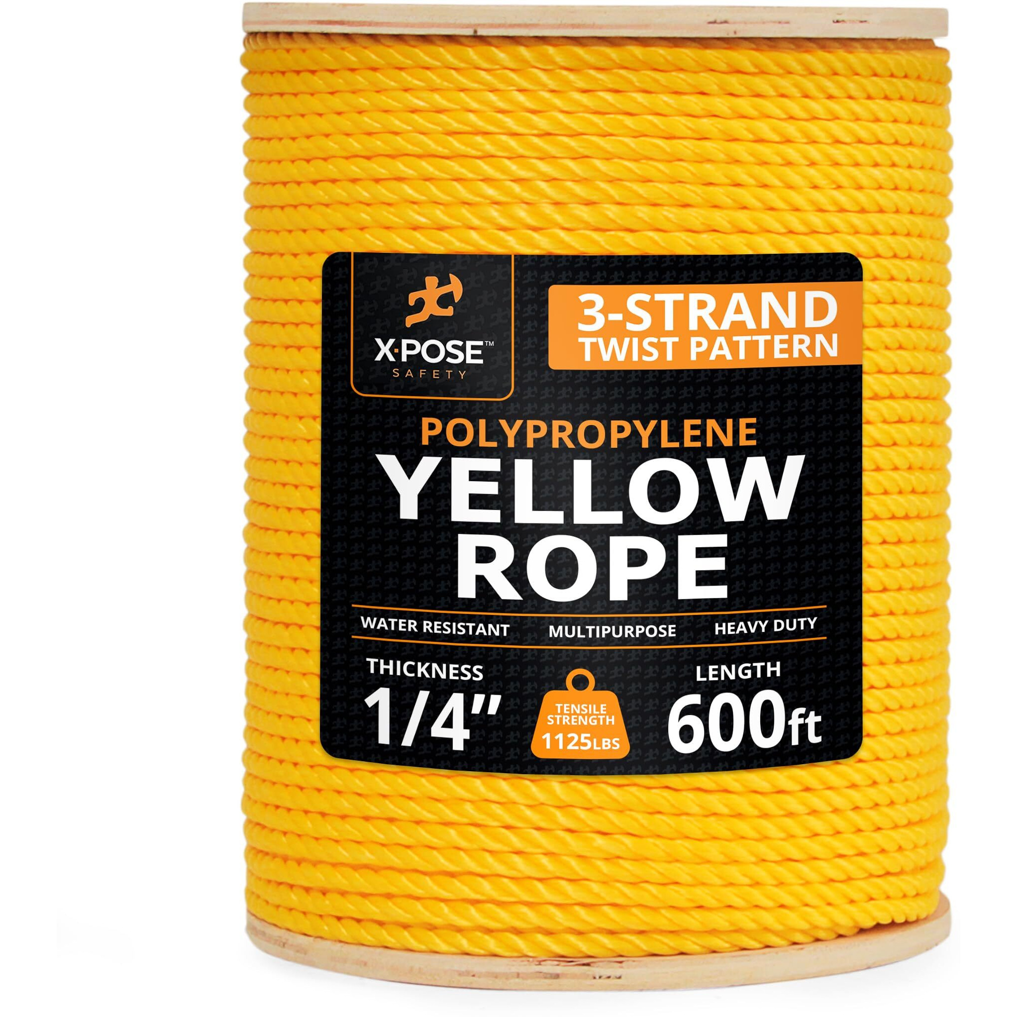 Yellow Twisted Polypropylene Rope, 1/4"" Thickness X 600' Length Heavy Duty Poly Ropes For Outdoor And Marine Use, Yellow Rope For Visibility & Safety