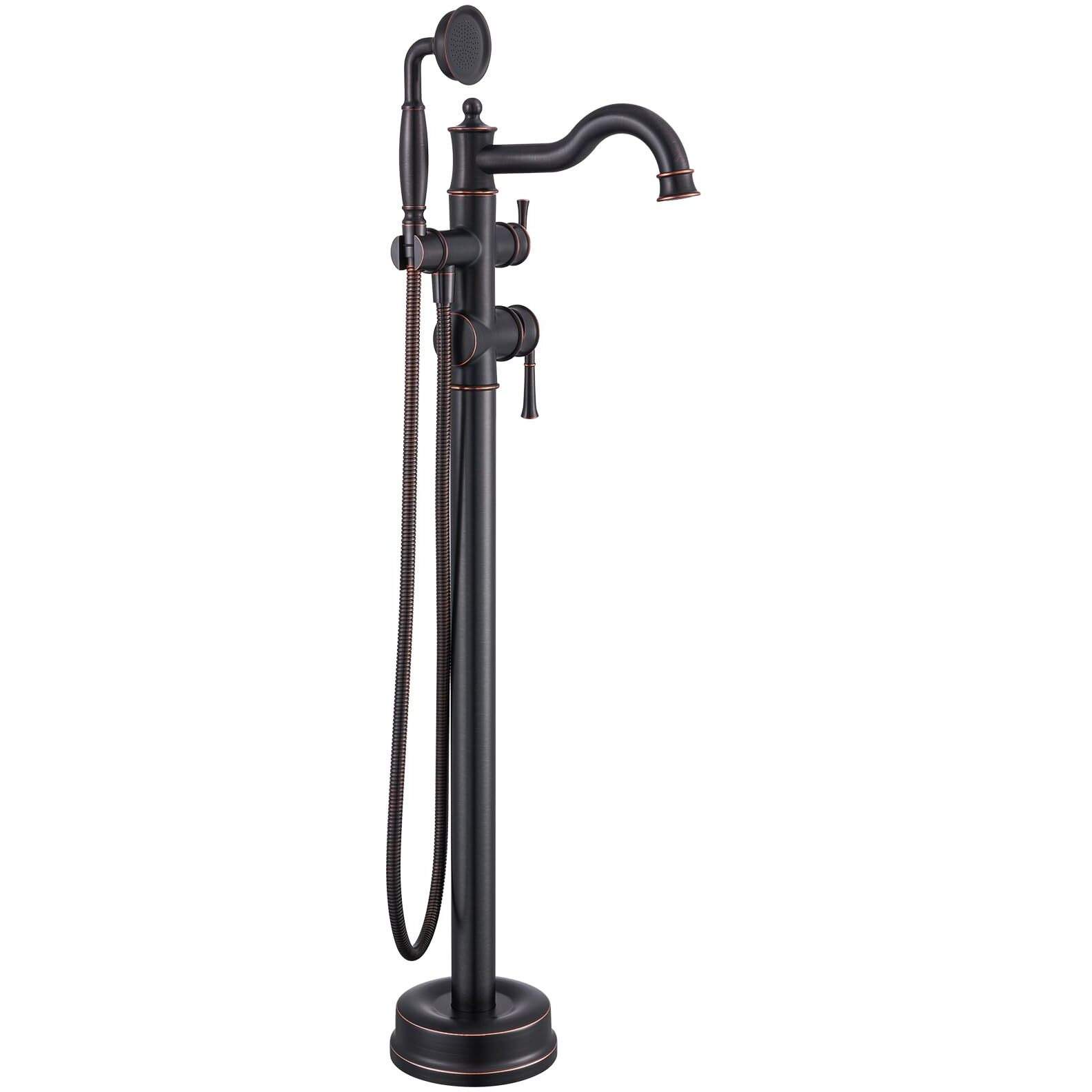 Free Standing Tub Faucet, Qinkell Classic Elegant Gooseneck Freestanding Bathtub Faucet With Sprayer Brass Luxury Floor Mount Bath Faucets High Flow Roman Tub Filler, Oil Rubbed Bronze (Qc-202511Orb)