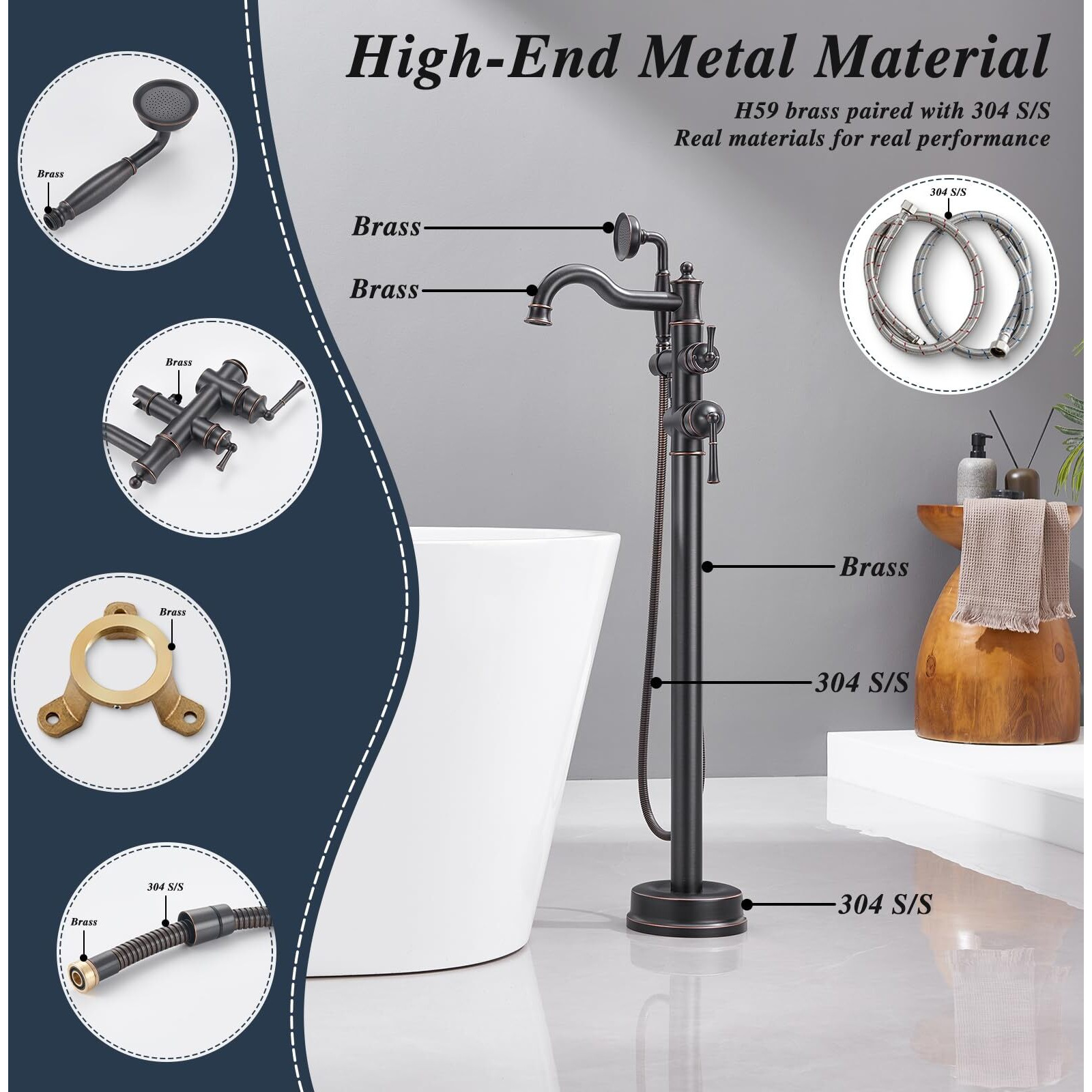 Free Standing Tub Faucet, Qinkell Classic Elegant Gooseneck Freestanding Bathtub Faucet With Sprayer Brass Luxury Floor Mount Bath Faucets High Flow Roman Tub Filler, Oil Rubbed Bronze (Qc-202511Orb)