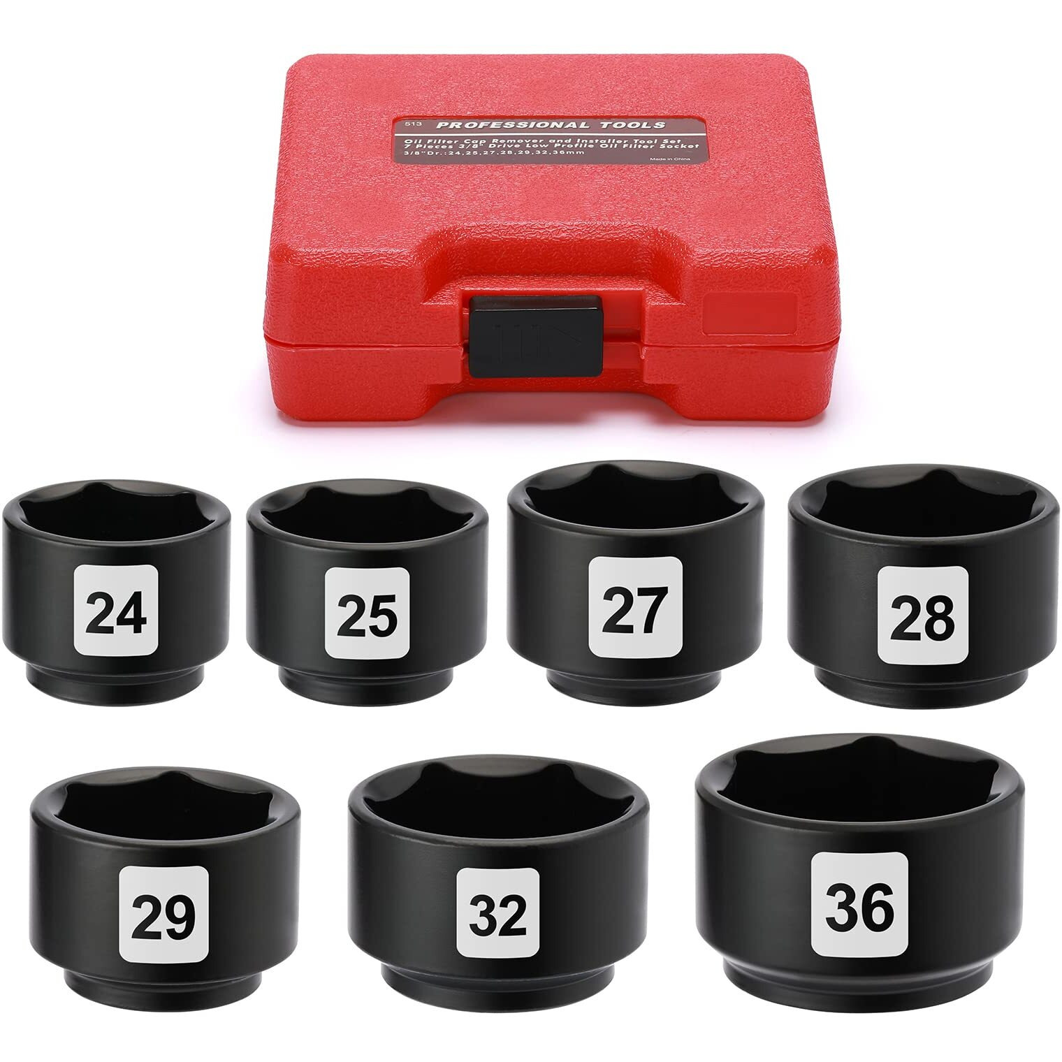 Mayouko 7 Pieces 3/8"" Drive Low Profile Oil Filter Wrench Socket Set, Oil Filter Cap Remove And Install Tool Kit, 24Mm, 25Mm, 27Mm, 28Mm, 29Mm, 32Mm, 36Mm, Cr-V
