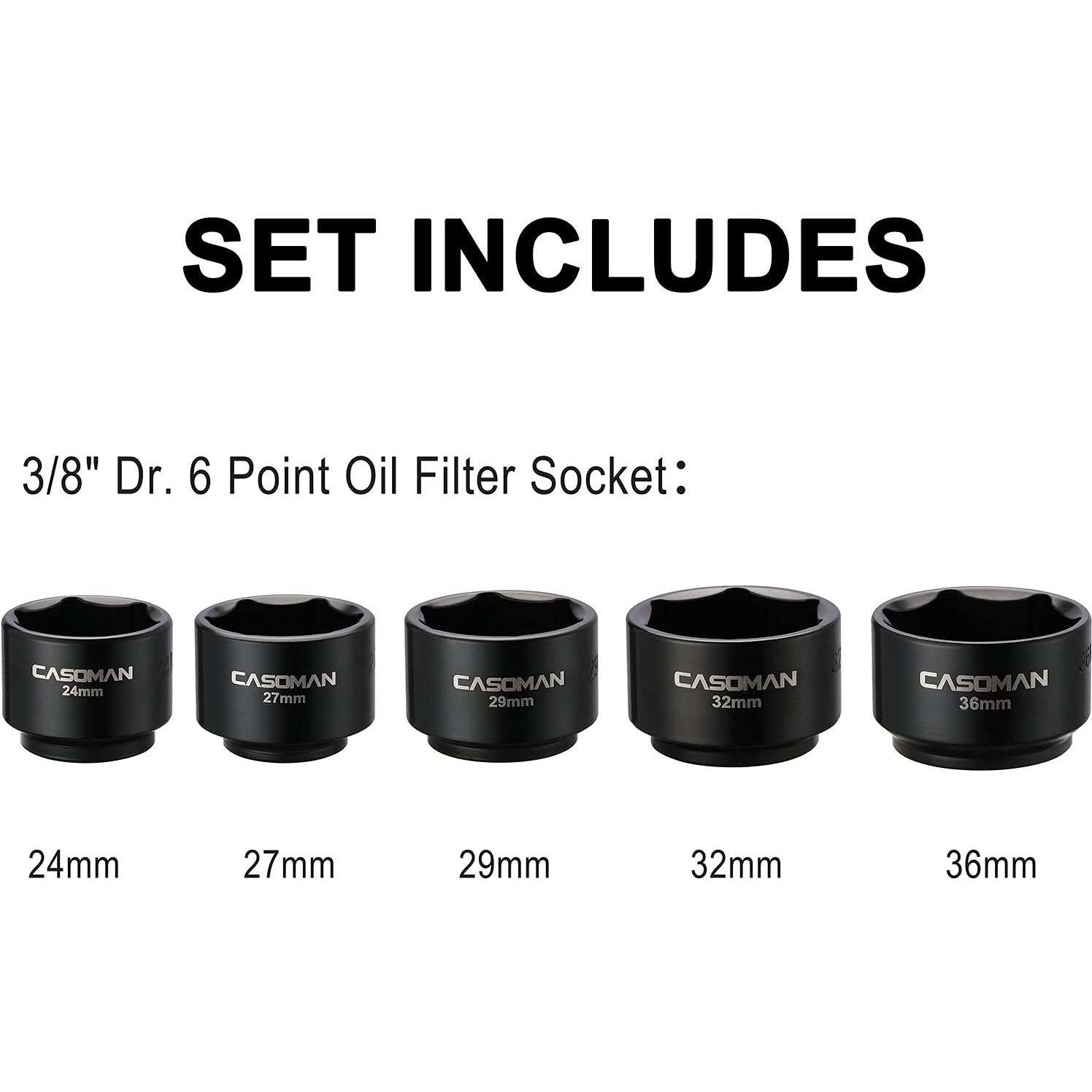 Casoman 5 Pieces 3/8"" Drive Low Profile Oil Filter Socket Set, Oil Filter Cap Remover And Installer Tool Set, 6 Point, 24Mm 27Mm, 29Mm, 32Mm, 36Mm, Cr-V
