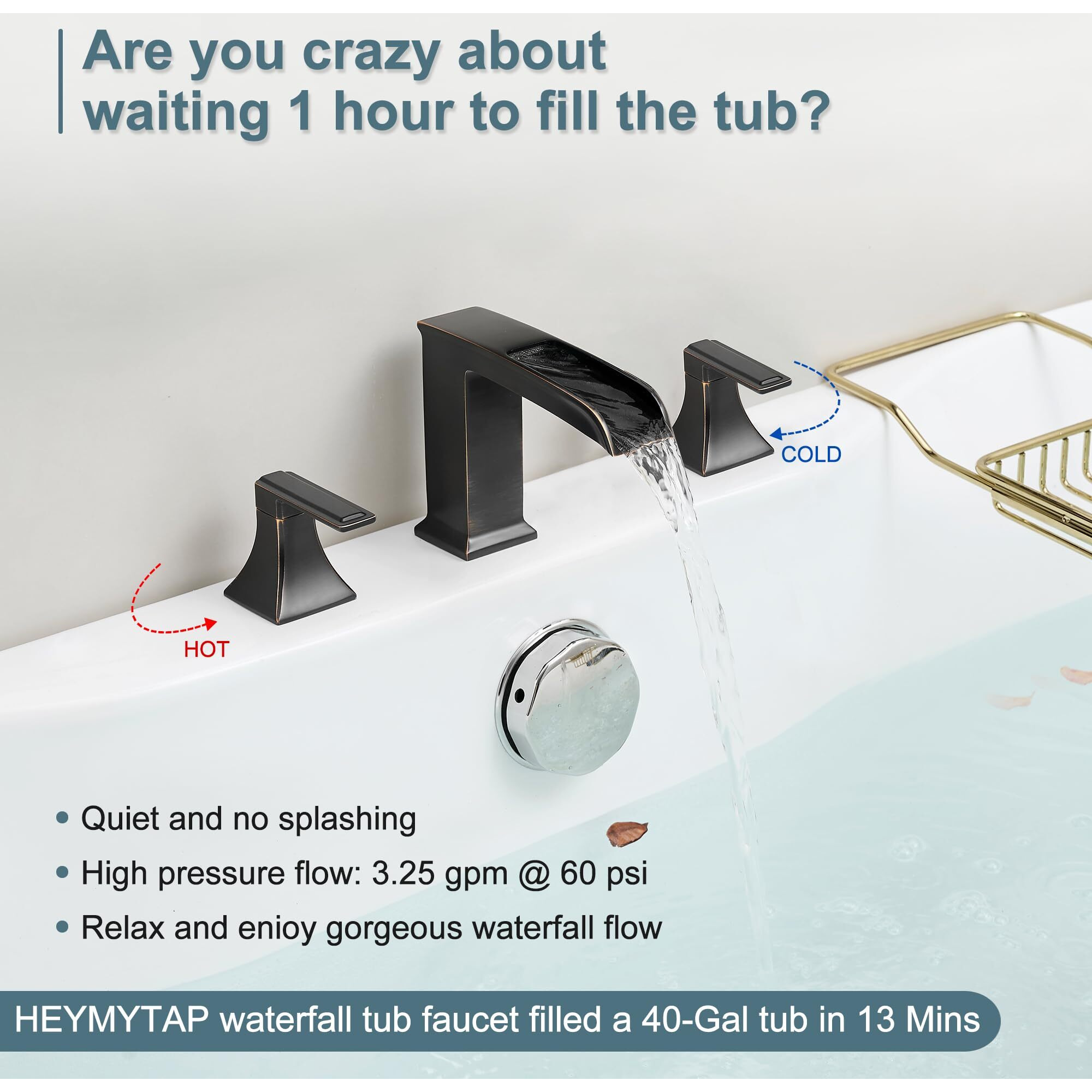 Heymytap Waterfall Roman Tub Faucet, Solid Brass Oil Rubbed Bronze Bathtub Faucet, High Flow Deck Mount Tub Faucet Set, 3 Hole Widespread Bathtub Faucets With 2 Handles No Leaks 15 Mins To Install