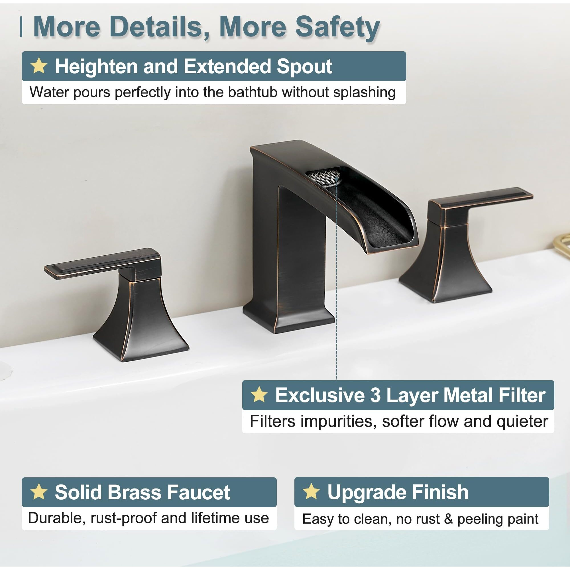 Heymytap Waterfall Roman Tub Faucet, Solid Brass Oil Rubbed Bronze Bathtub Faucet, High Flow Deck Mount Tub Faucet Set, 3 Hole Widespread Bathtub Faucets With 2 Handles No Leaks 15 Mins To Install