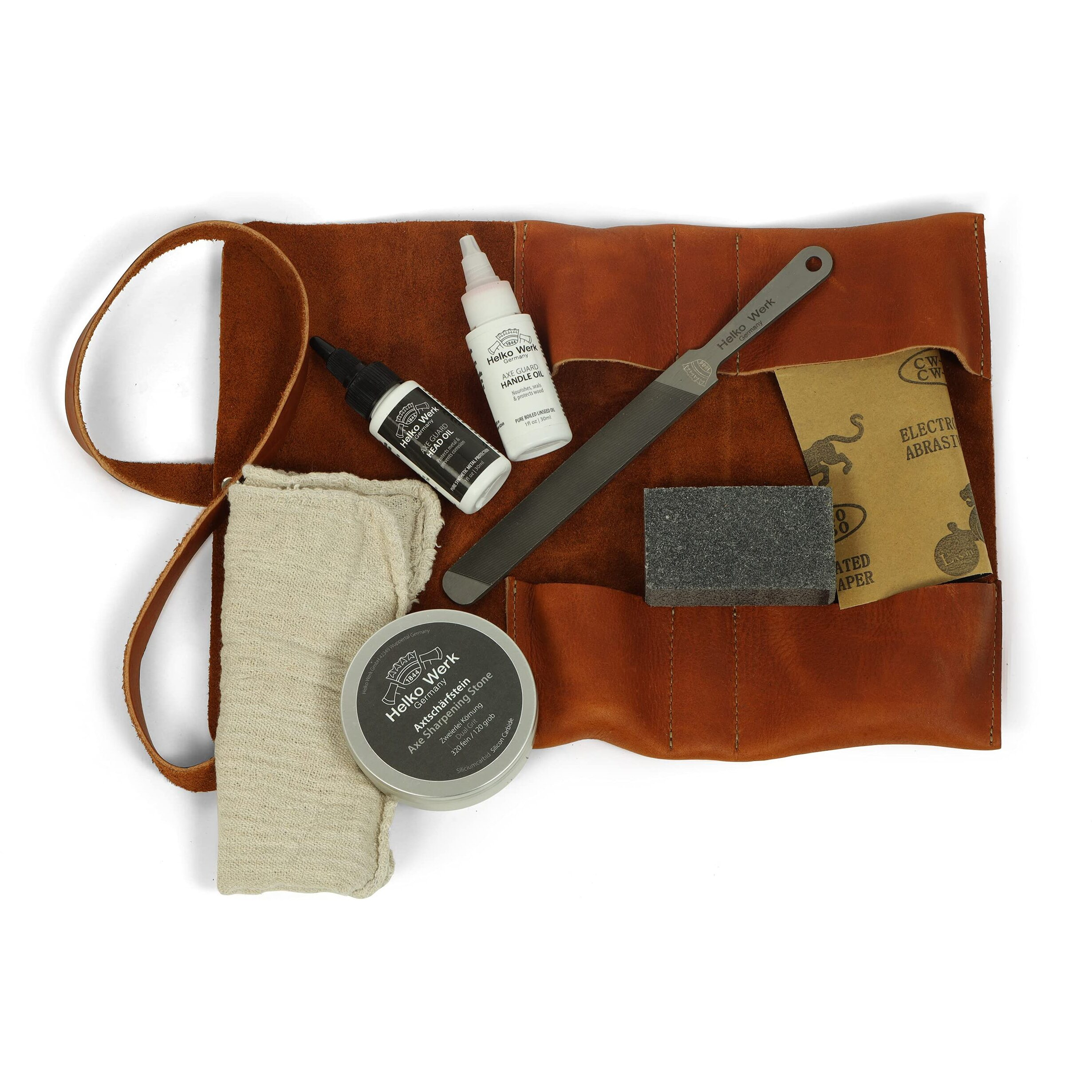 1844 Helko Werk Germany Premium Axe Care And Maintenance Kit Includes Axe Sharpening Stone, Sharpening File, Handle Oil, Head Oil, Blade Cleaner, Sand Paper, Wedges (Premium Maintenance Kit) F8790-2