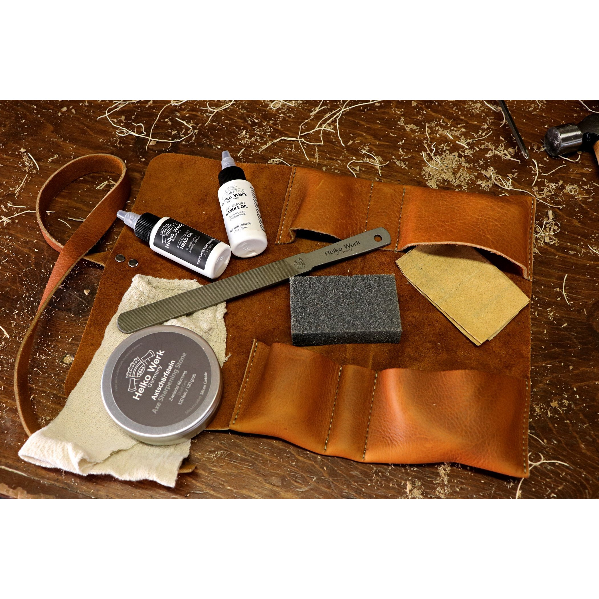 1844 Helko Werk Germany Premium Axe Care And Maintenance Kit Includes Axe Sharpening Stone, Sharpening File, Handle Oil, Head Oil, Blade Cleaner, Sand Paper, Wedges (Premium Maintenance Kit) F8790-2