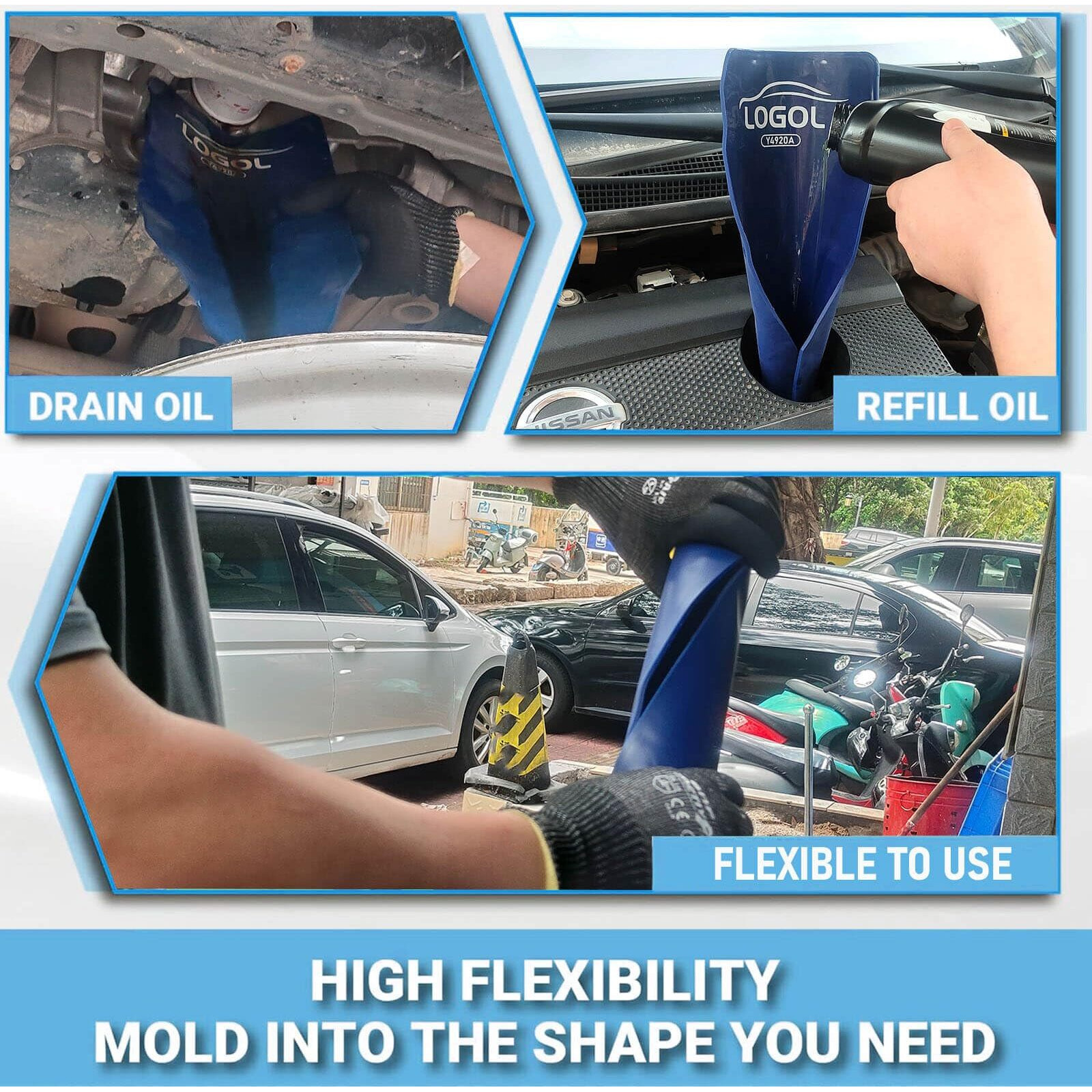 Flexible Funnel Reusable General Oil Change Draining Tool. For Oil Draining And Spill-Free Oil Filling.Flex Funnel Can Be Molded Into Different Shape