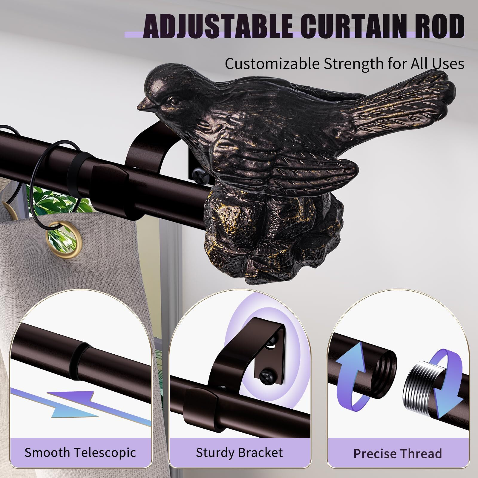 Kveeo Curtain Rods 36""-120"" Vintage Oil Bronze Curtain Rods For Windows Adjustable Drapery Rod With Bird Finials Heavy Duty Brown Curtains Rod For Living Room Bedroom