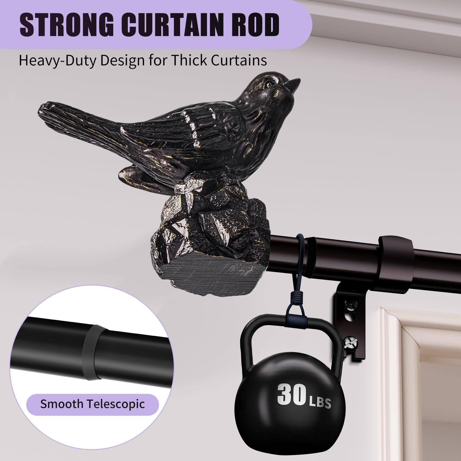 Kveeo Curtain Rods 36""-120"" Vintage Oil Bronze Curtain Rods For Windows Adjustable Drapery Rod With Bird Finials Heavy Duty Brown Curtains Rod For Living Room Bedroom