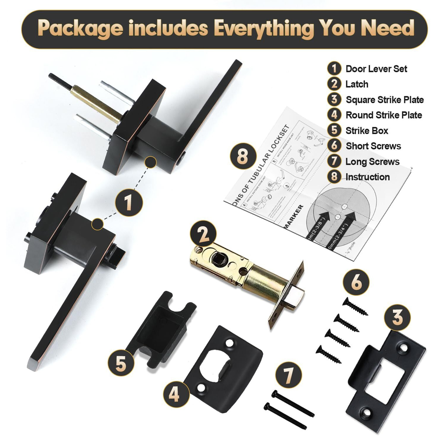 Razcc Privacy Door Levers, 2 Pack Oil Rubbed Bronze Door Handles Interior Heavy Duty Bed And Bath Keyless Door Locksets, Reversible For Left Right Handed Doors