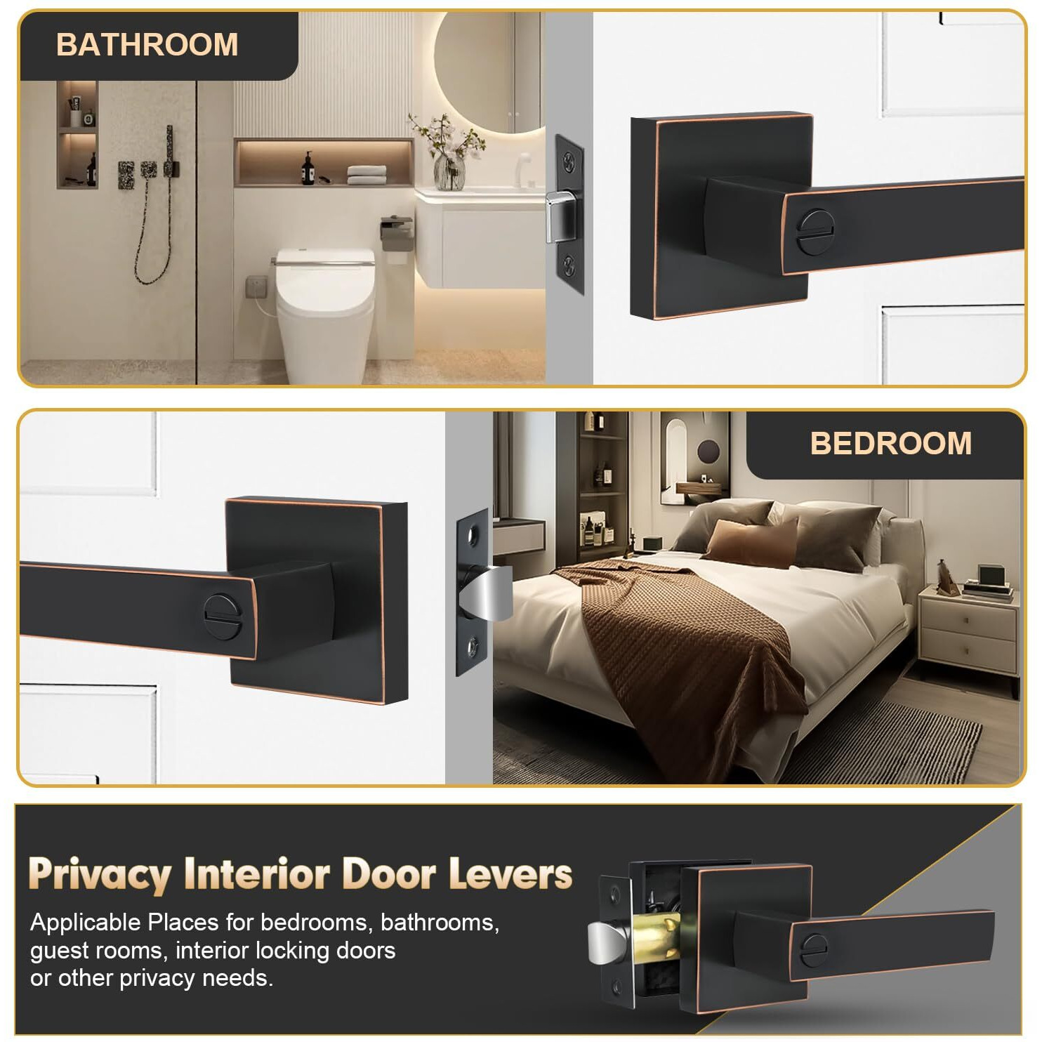 Razcc Privacy Door Levers, 2 Pack Oil Rubbed Bronze Door Handles Interior Heavy Duty Bed And Bath Keyless Door Locksets, Reversible For Left Right Handed Doors