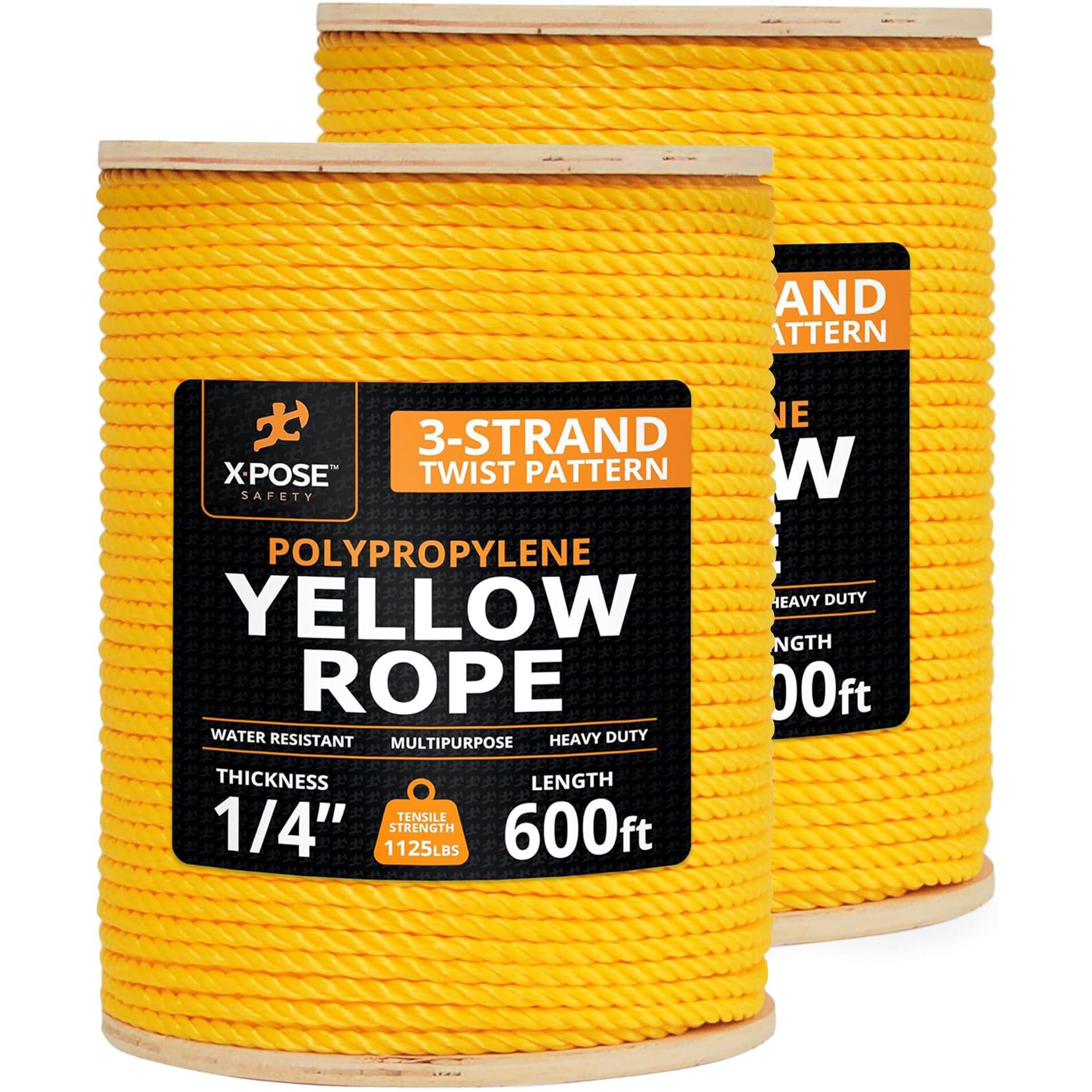 Yellow Twisted Polypropylene Rope, 1/4"" Thickness X 600' Length Heavy Duty Poly Ropes For Outdoor And Marine Use, Yellow Rope For Visibility & Safety