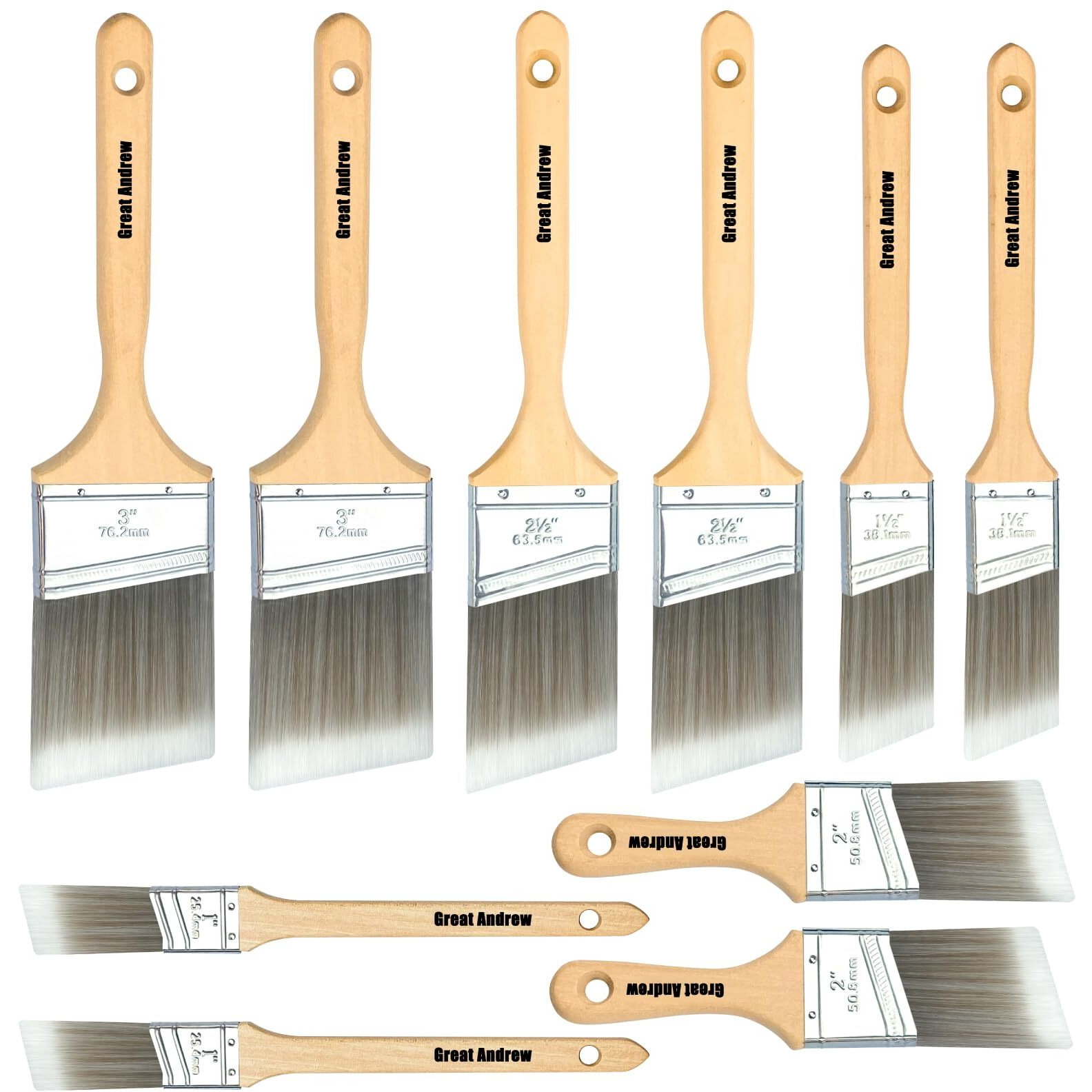 Great Andrew 10 Pack Paint Brushes With Wood Handle (1"" 1.5"" 2"" 2.5"" 3""), Angle Sash Brushes For Trim, Walls, All Latex, Oil Paints & Stains, Interior & Exterior Home