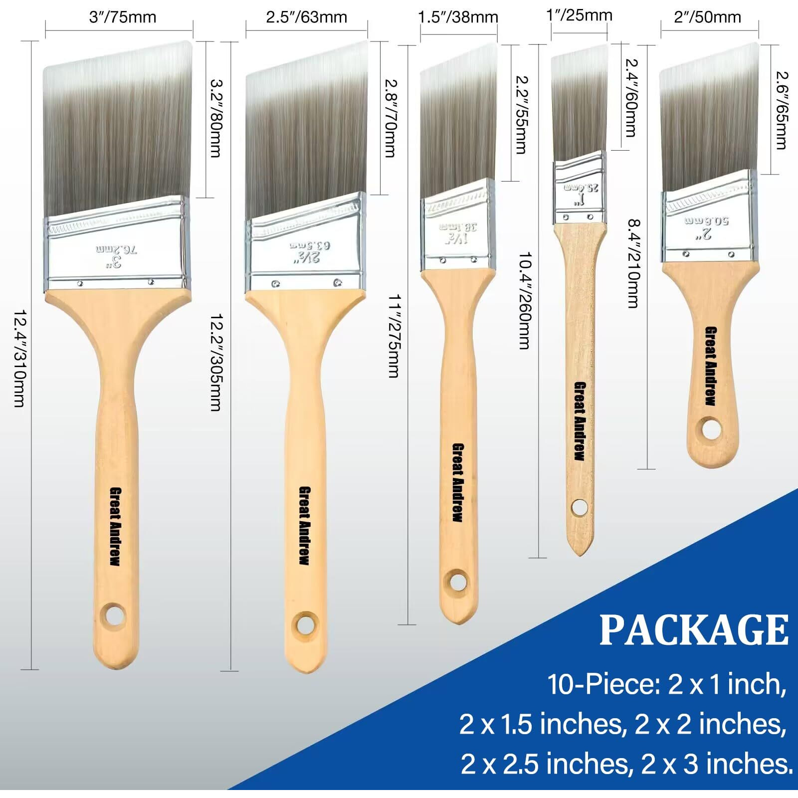 Great Andrew 10 Pack Paint Brushes With Wood Handle (1"" 1.5"" 2"" 2.5"" 3""), Angle Sash Brushes For Trim, Walls, All Latex, Oil Paints & Stains, Interior & Exterior Home