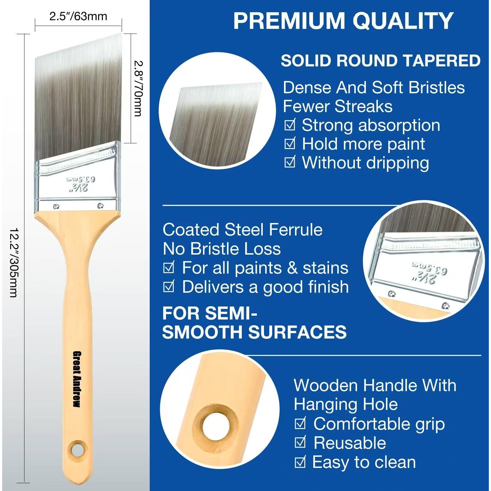 Great Andrew 10 Pack Paint Brushes With Wood Handle (1"" 1.5"" 2"" 2.5"" 3""), Angle Sash Brushes For Trim, Walls, All Latex, Oil Paints & Stains, Interior & Exterior Home