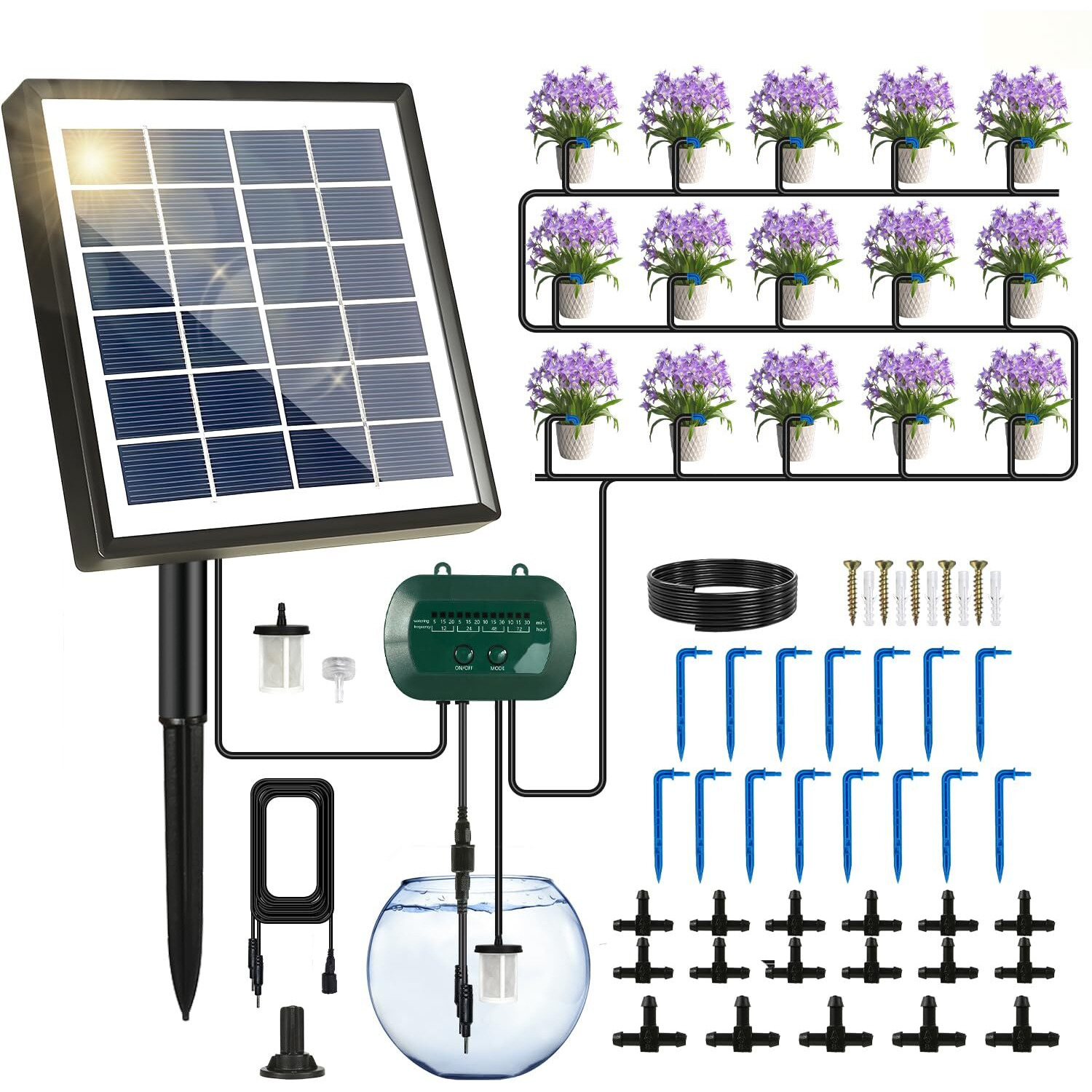 Breeze Touch 50Ft Automatic Solar Drip Irrigation System, Drip Irrigation Kit With 12 Timing Modes, Supported 15 Pots, Indoor/Outdoor Irrigation System For Garden, Balcony & Patio Watering System