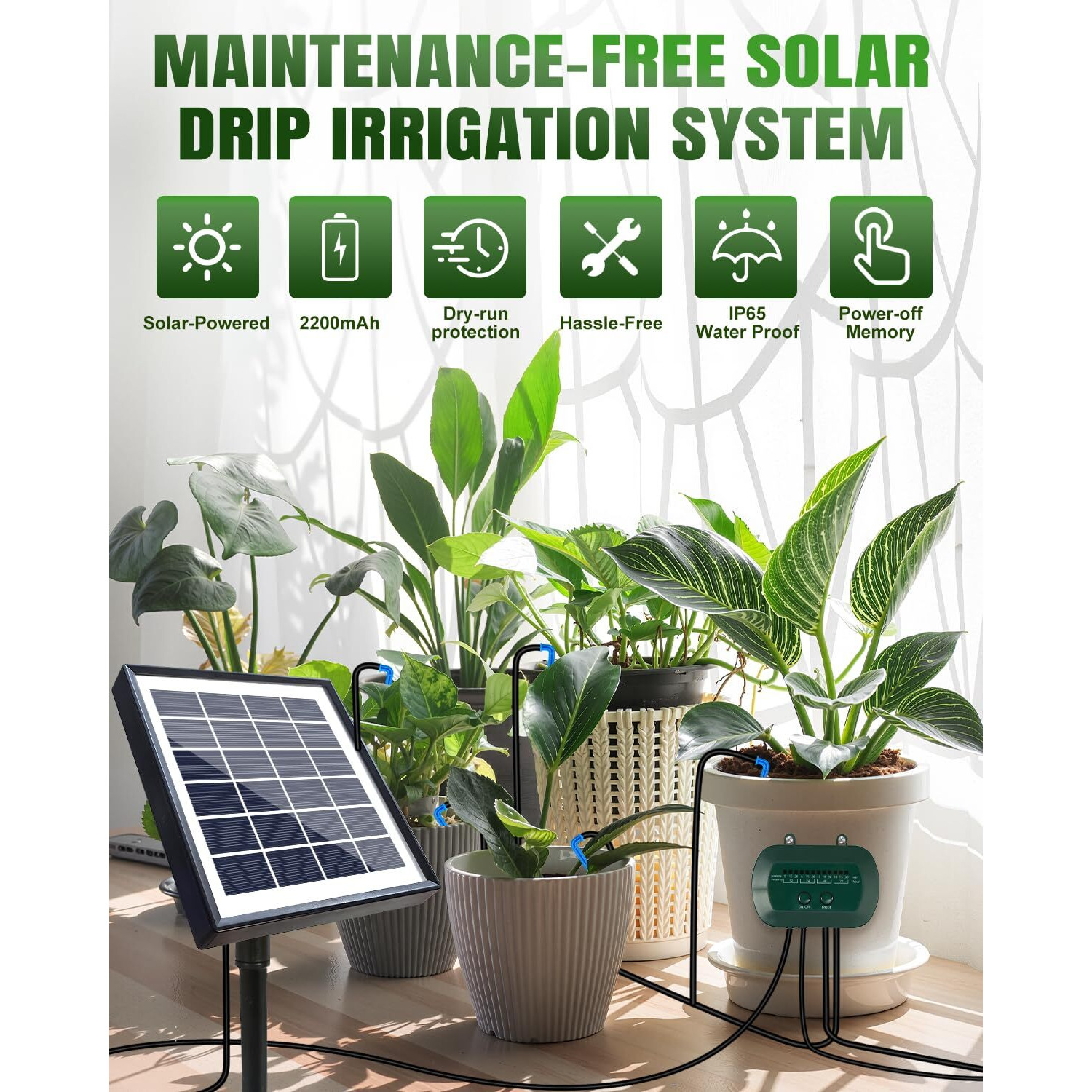 Breeze Touch 50Ft Automatic Solar Drip Irrigation System, Drip Irrigation Kit With 12 Timing Modes, Supported 15 Pots, Indoor/Outdoor Irrigation System For Garden, Balcony & Patio Watering System