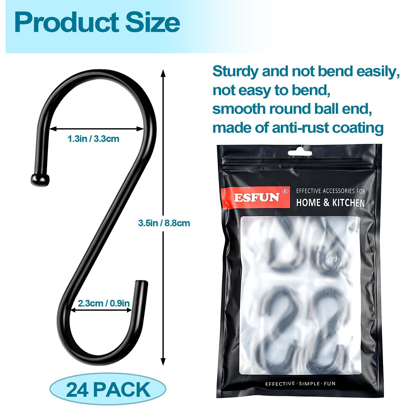 Esfun 24 Pack S Hook, 3.5 Inch Heavy Duty S Hooks For Hanging Plant, Closet Rod Hooks For Jeans Bags, Black Metal S Shaped Hook For Plant Basket, Pots Pans Wire Shelf Rack, Utensils, Towels
