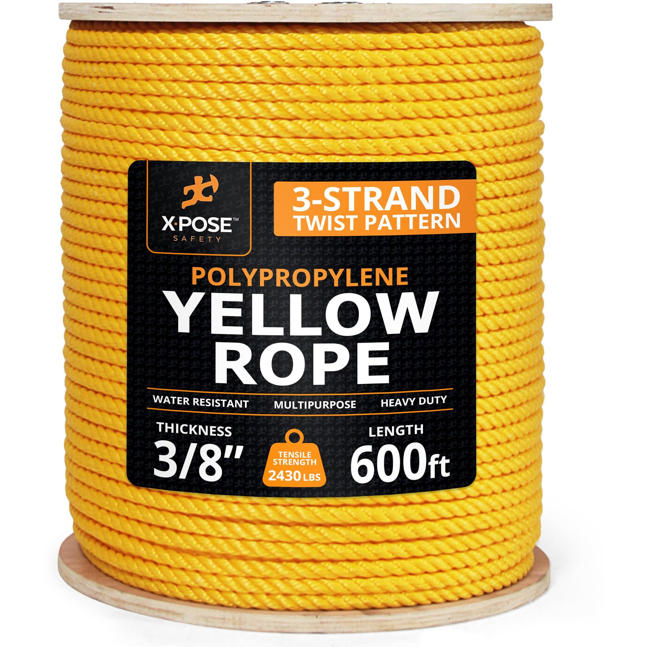 Yellow Twisted Polypropylene Rope, 3/8"" Thickness X 600' Length Heavy Duty Poly Ropes For Outdoor And Marine Use, Yellow Rope For Visibility & Safety