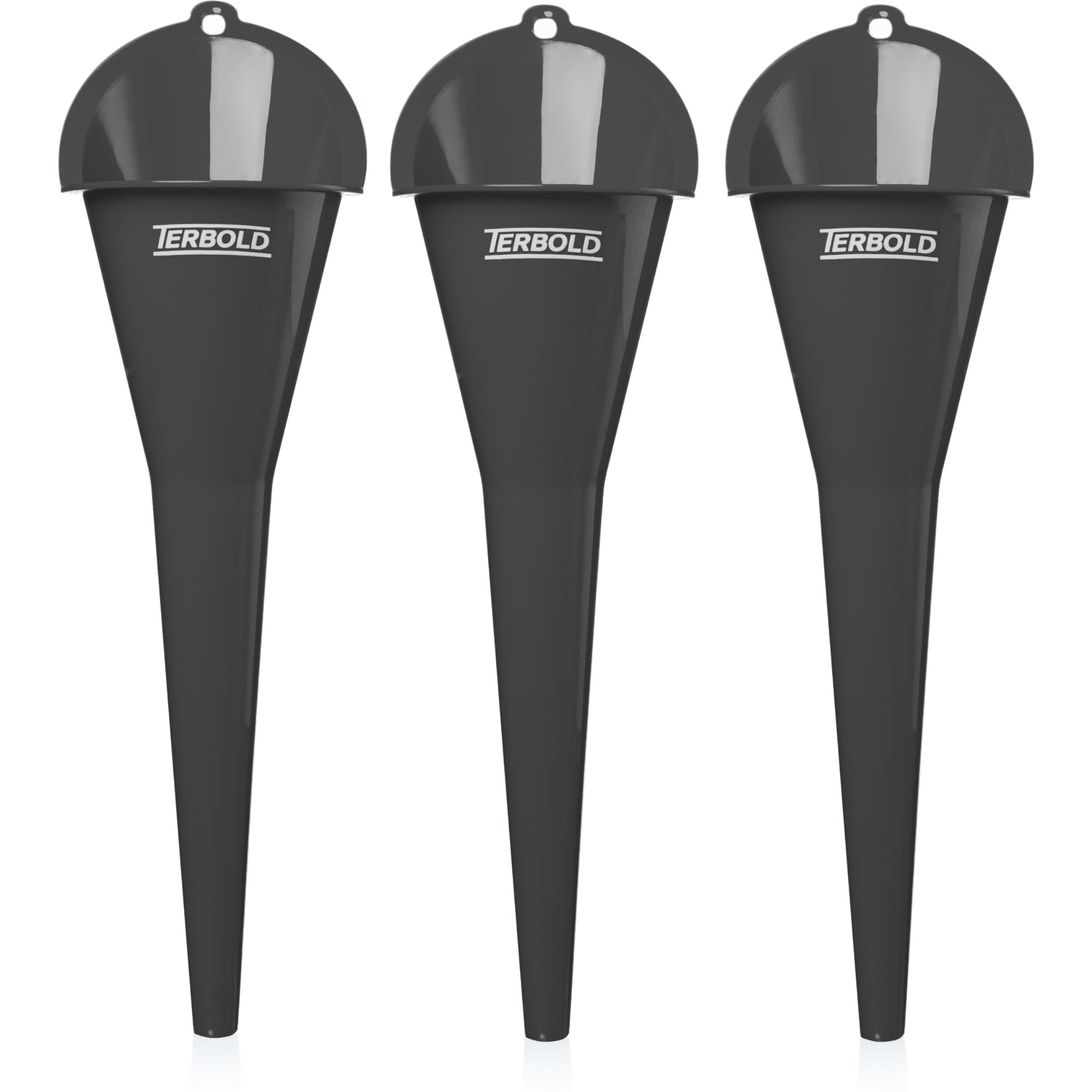Terbold Oil Funnel 3-Pack | 11"" Long Nesting Plastic Funnels For Automotive Use, Oil Change, Gas, Car Transmission, Kitchen Use, Filling Small Bottles (Grey)