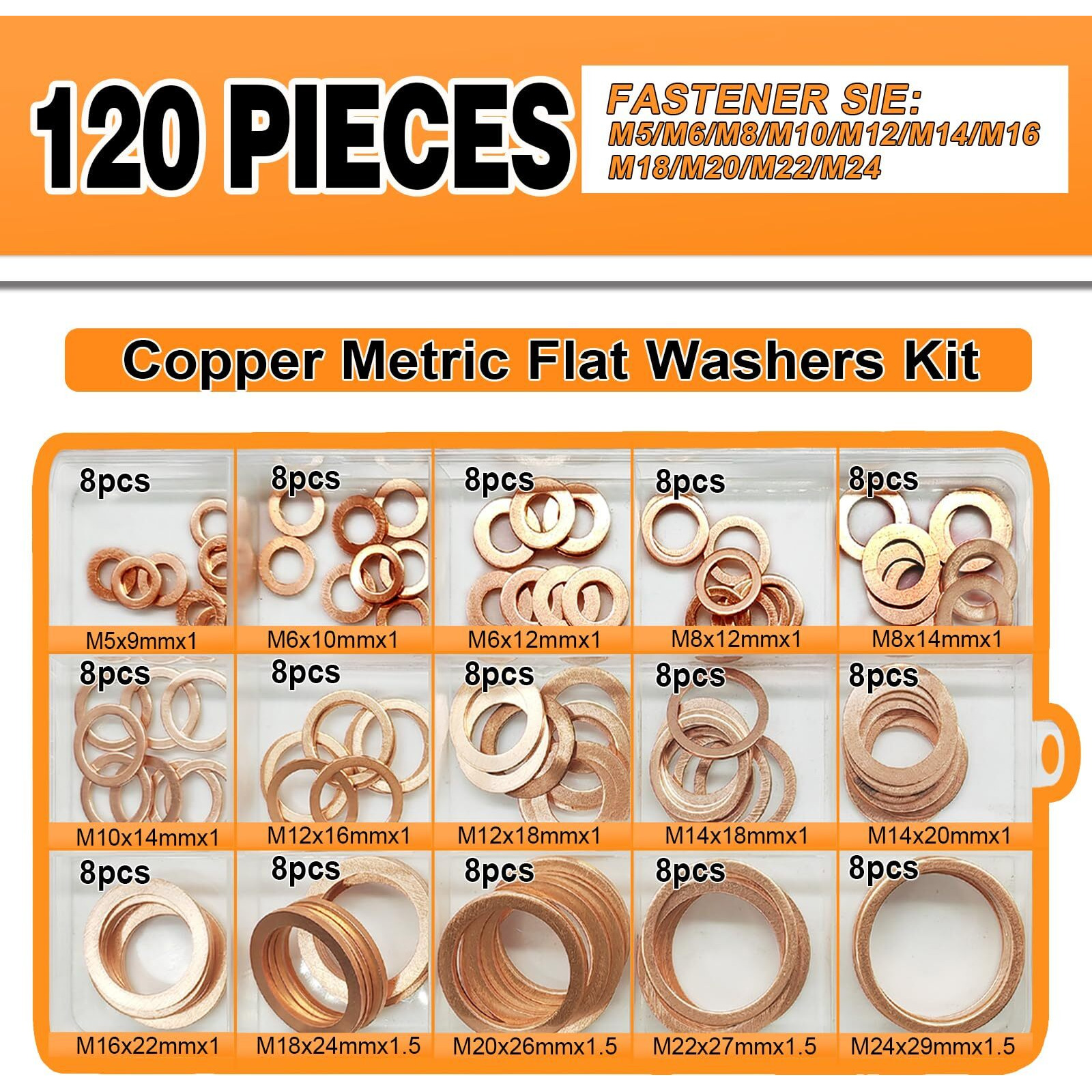 Copper Washers Assortment Kit, Crush Flat Washers For Oil Plugs, Drain Plugs, Banjo Bolts, Copper Sealing Washer Set With 15 Metric Sizes - 120 Pieces- M5, M6, M8, M10, M12, M14, M18, M20, M22, M24