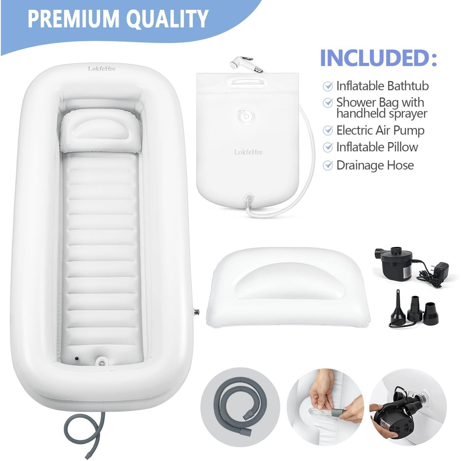 Medical Inflatable Bathtub,Shower Bath Basin Kit, Pvc Portable Bathtub With Electric Air Pump,Portable Bathtub Wash Full Body In Bed Bath,For Elderly (White)