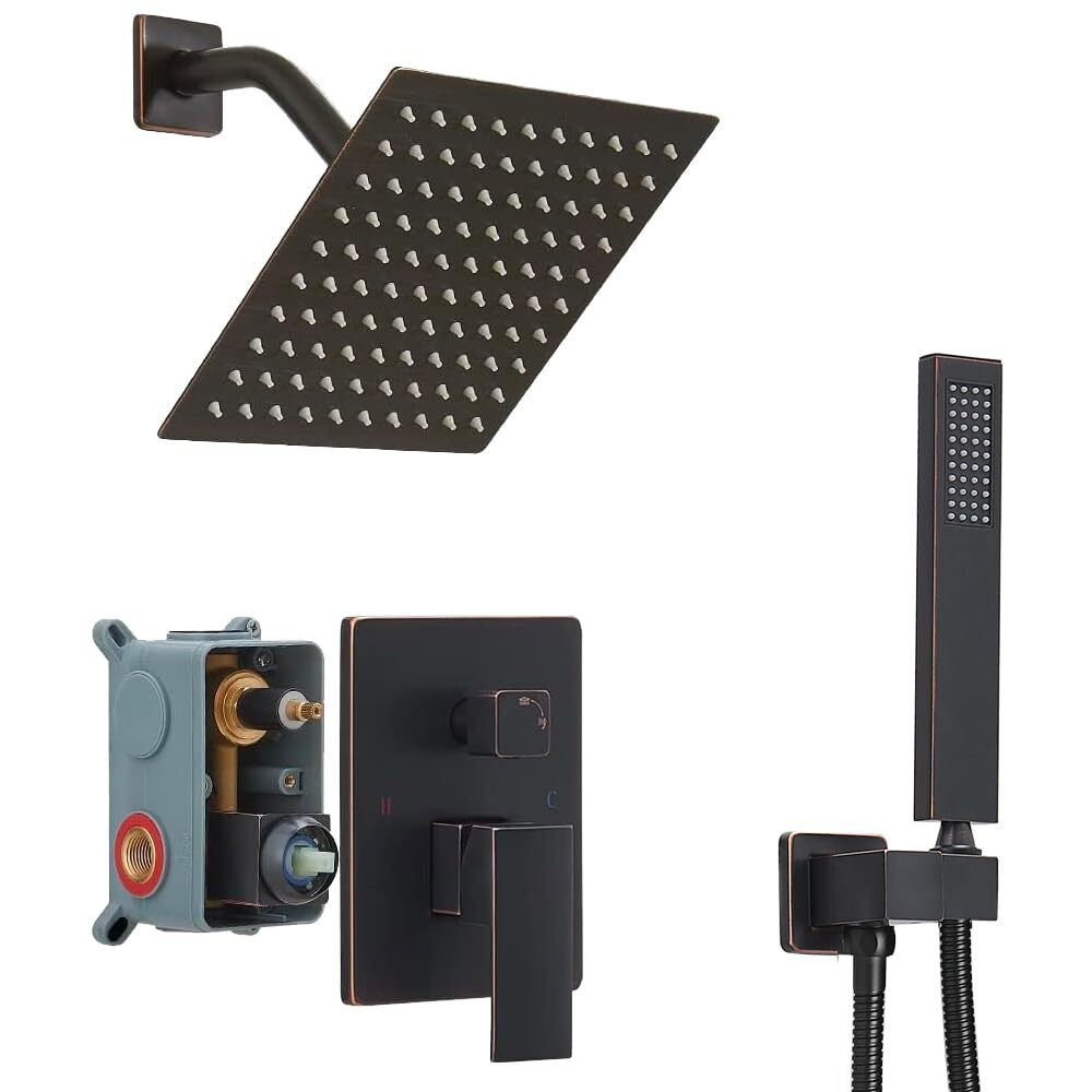 Jinggang Oil Rubbed Bronze Shower System 8 Inch Bathroom Rain Mixer Shower Combo Set Wall Mounted Rainfall Shower Head And Handheld System Shower Faucet Set Rough-In Valve Body And Trim Included