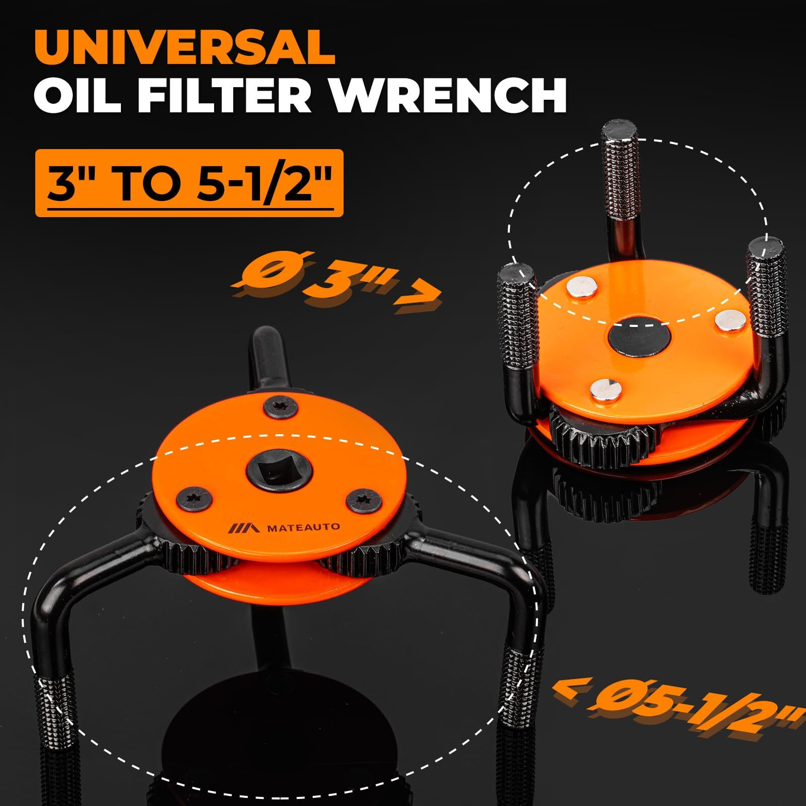 Mateauto Universal 3-Jaw Oil Filter Wrench Set, Adjustable 2-Way Operation, Heavy-Duty Oil Filter Removal Tool, High Torque For Auto, Trucks, Fits 2-1/2"" To 5-1/2"" Diameter, 1/2"" Or 3/8"" Drive