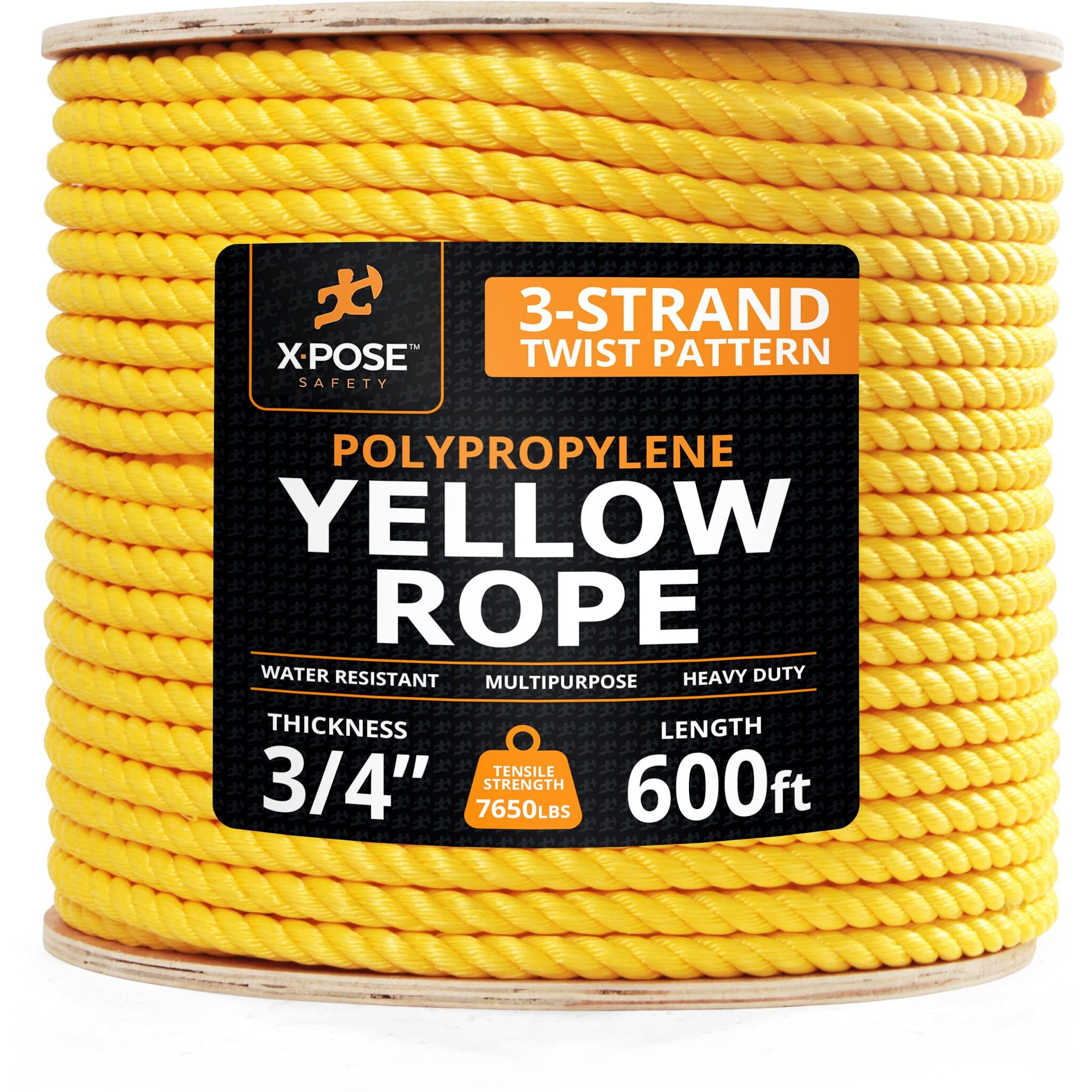 Yellow Twisted Polypropylene Rope, 3/4"" Thickness X 600' Length Heavy Duty Poly Ropes For Outdoor And Marine Use, Yellow Rope For Visibility & Safety