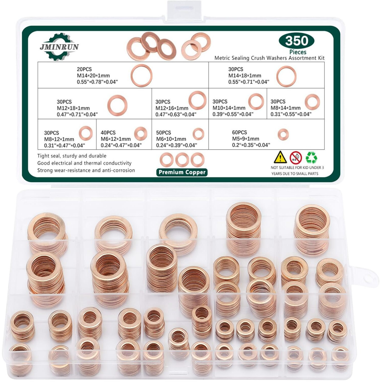 350 Pcs, Premium Copper Metric Sealing Crush Washers Assortment Kit, Enhanced Flat Ring Oil Drain Plug Crush Washer Gasket Seal Set, Banjo Bolt Washers For Automotive, Motorcycles (10 Size)