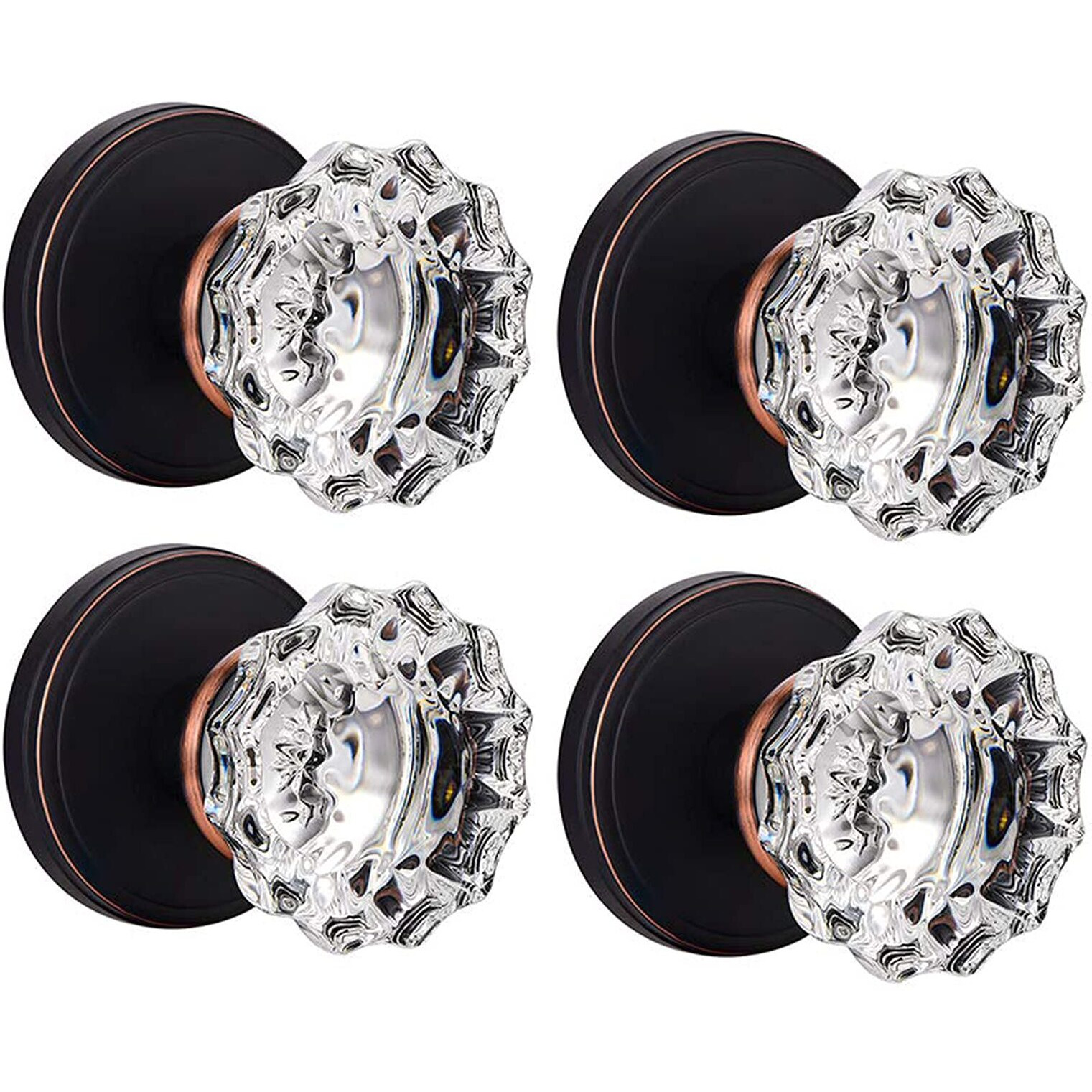 Shiny Handles Glass Door Knobs Interior, Crystal Dummy Door Knobs For Hall And Closet, Oil Rubbed Bronze (4 Pack)