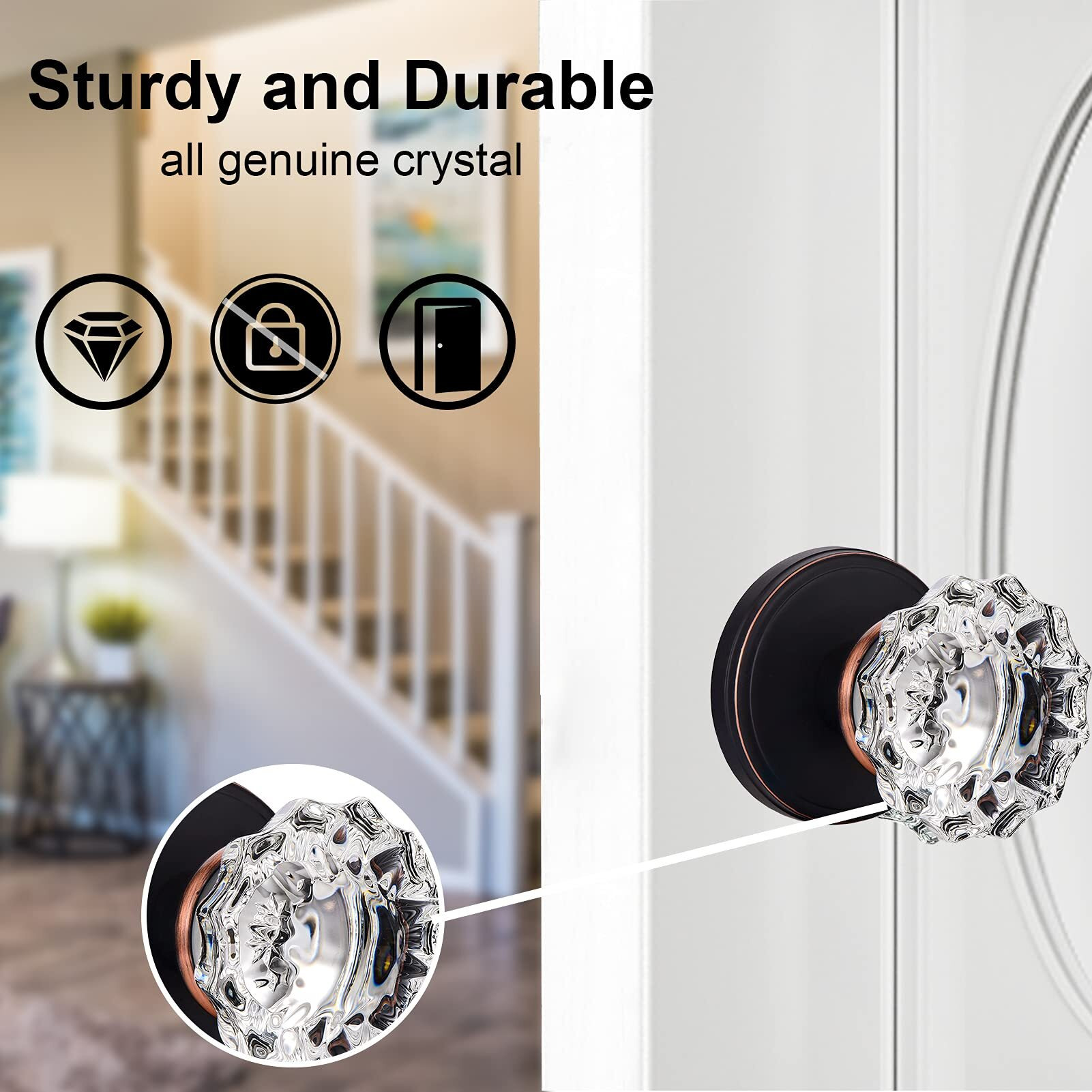 Shiny Handles Glass Door Knobs Interior, Crystal Dummy Door Knobs For Hall And Closet, Oil Rubbed Bronze (4 Pack)