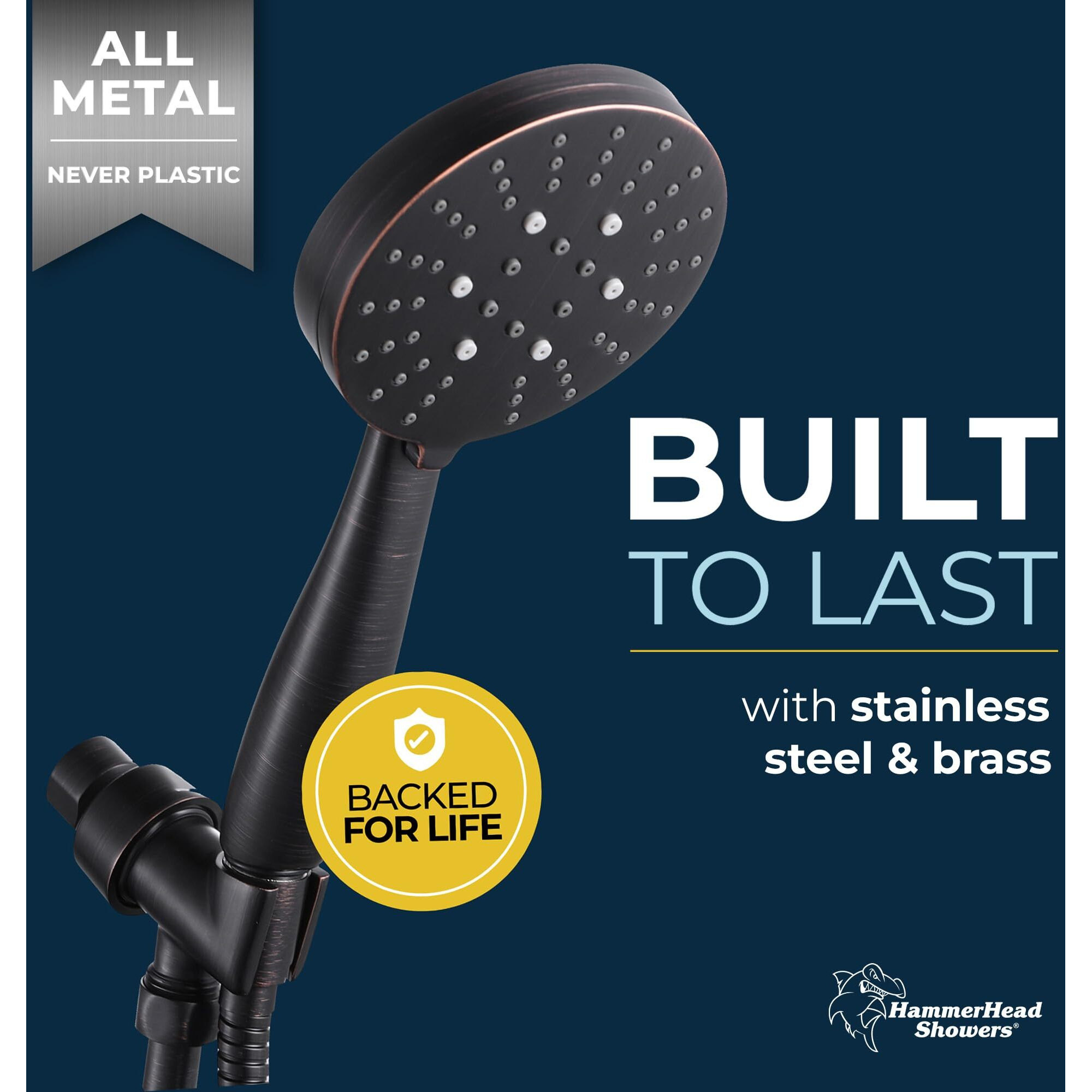 Hammerhead Showers All Metal 3-Spray Handheld Shower Head With Long Hose And Holder - Oil Rubbed Bronze - 2.5 Gpm High Pressure Shower Head With Handheld Sprayer - Wide, Massage, And Mist Sprays