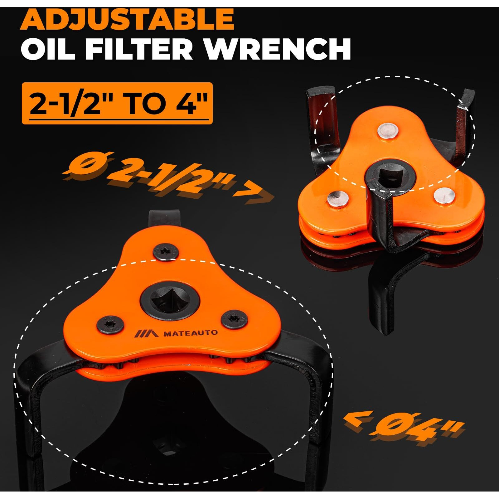Mateauto 3-Jaw Adjustable Oil Filter Wrench Set From 2-1/8 To 4-1/2 Inches(54-115Mm), Universal Oil Filter Wrench With Quick Release Ratchet And Case, Oil Change Kit For Tight Spaces