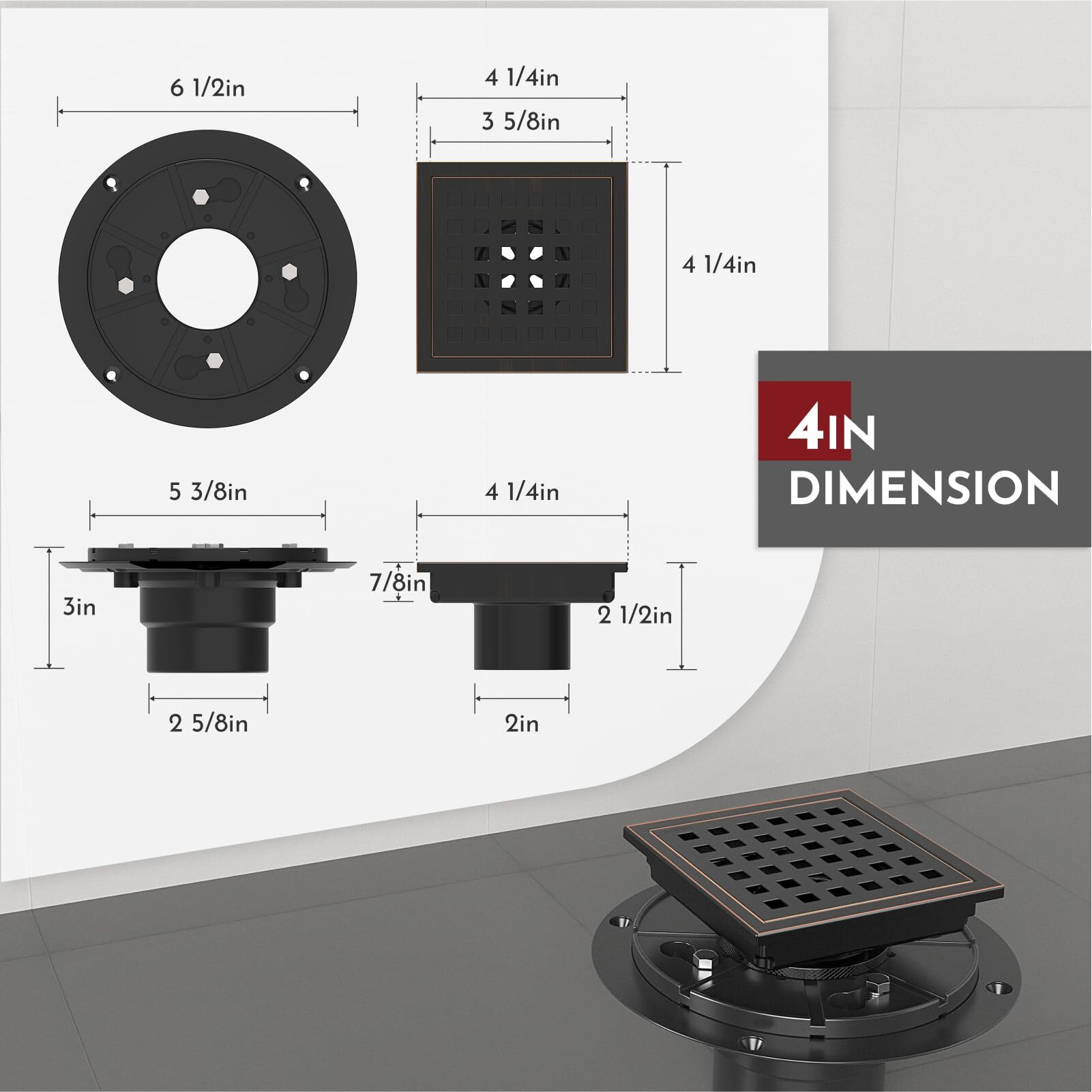 Webang 4 Inch Square Shower Floor Drain With Flange,Quadrato Pattern Grate Removable,Food-Grade Sus 304 Stainless Steel,Watermark&Cupc Certified,Oil Rubbed Bronze